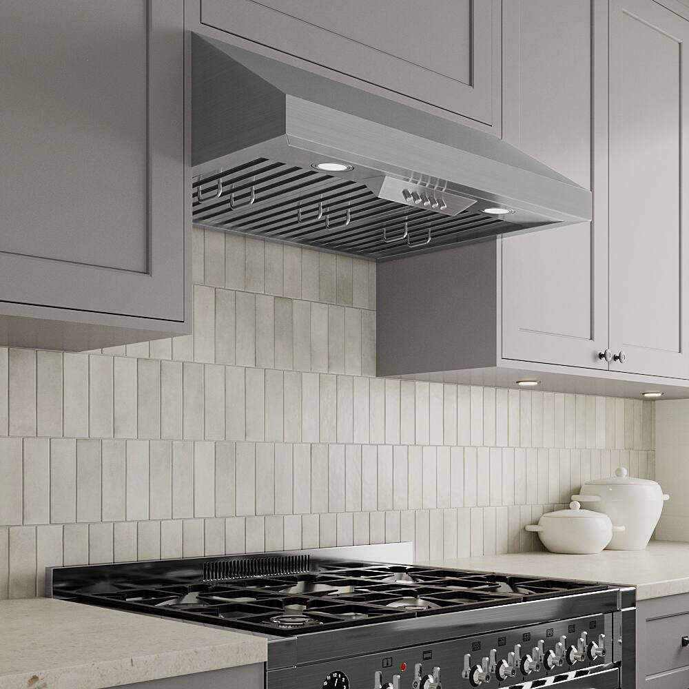 Back. Streamline - 30 in. Anfo Convertible Undermount 406 CFM Range Hood, Baffle Filters, Push Button Control, LED Lights - Brushed Stainless Steel.