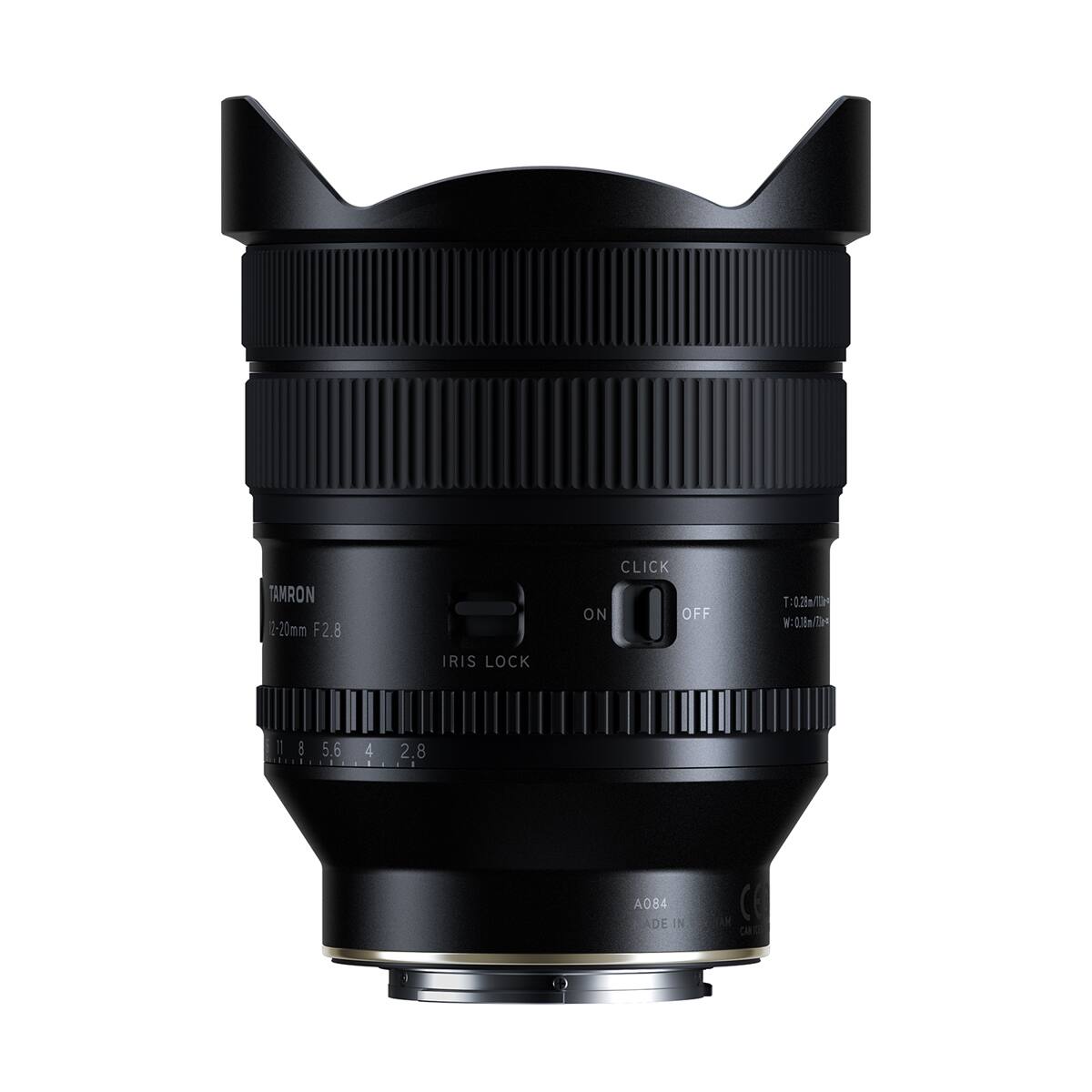 TAMRON 2-20mm F2.8  
IRIS LOCK  
CLICK ON/OFF  
T:0.26m/13k W:0.18m/That  
1 1.8 5.6 4 2.8  
A084 ADE IN  
MA