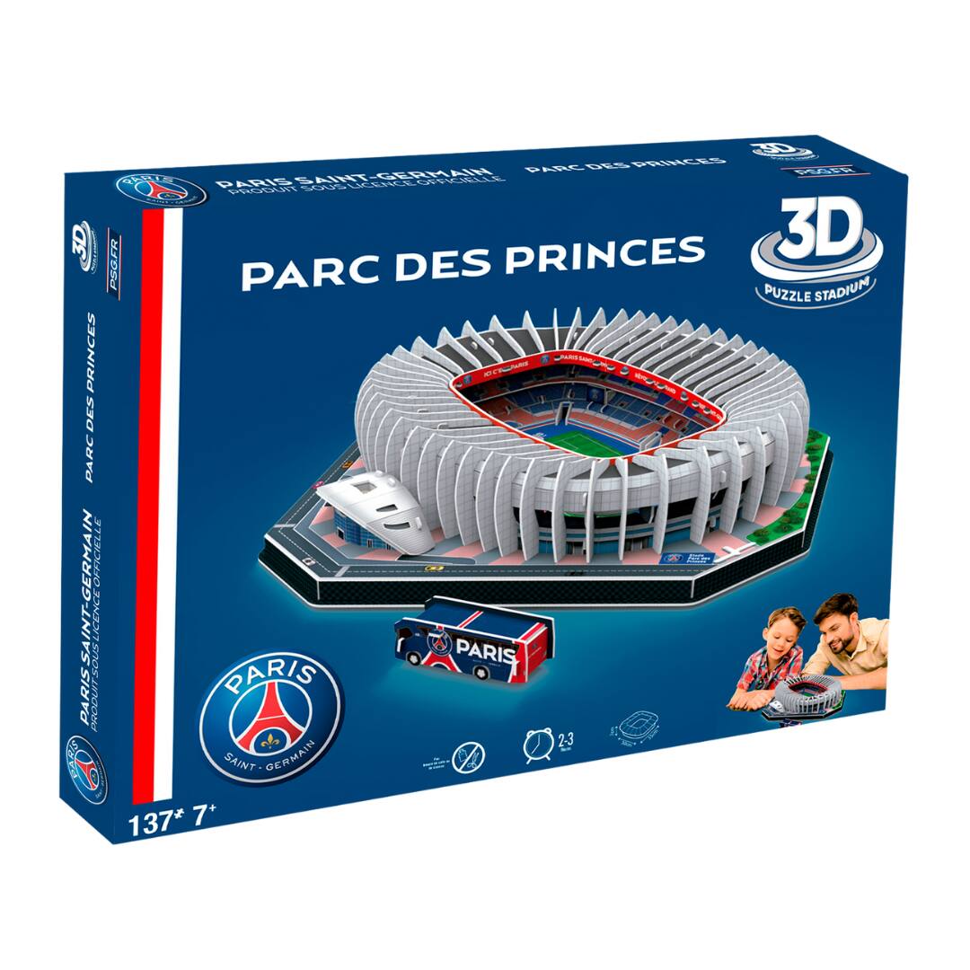 PARIS SAINT-GERMAIN  
PRODUIT SOUS LICENCE OFFICIELLE  
PARC DES PRINCES  
PARIS SAINT-GERMAIN  
PRODUIT SOUS LICENCE OFFICIELLE  
PARC DES PRINCES  
3D PUZZLE STADIUM  
PARIS SAINT-GERMAIN  
137*  
7+