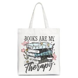 OrnamentallyYou - Books Are My Therapy Floral Vintage Canvas Tote Bag, Reading Aesthetic Gift Shopper for Bookworms - White