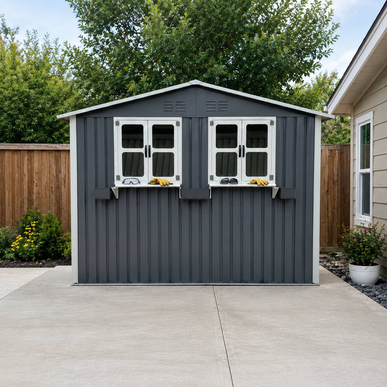 Alt View 2. Loheer - Loheer 6x9 Outdoor Metal Storage Shed with Window Flower Rack Lockable Double Doors Coal Gray Tool Shed.