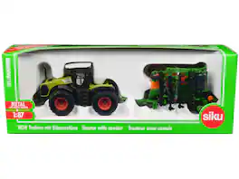 Claas Xerion 5000 Tractor Top and Amazone Cayena 6001 Seeder 1/87 (HO) Diecast Model by Siku - Green with Gray