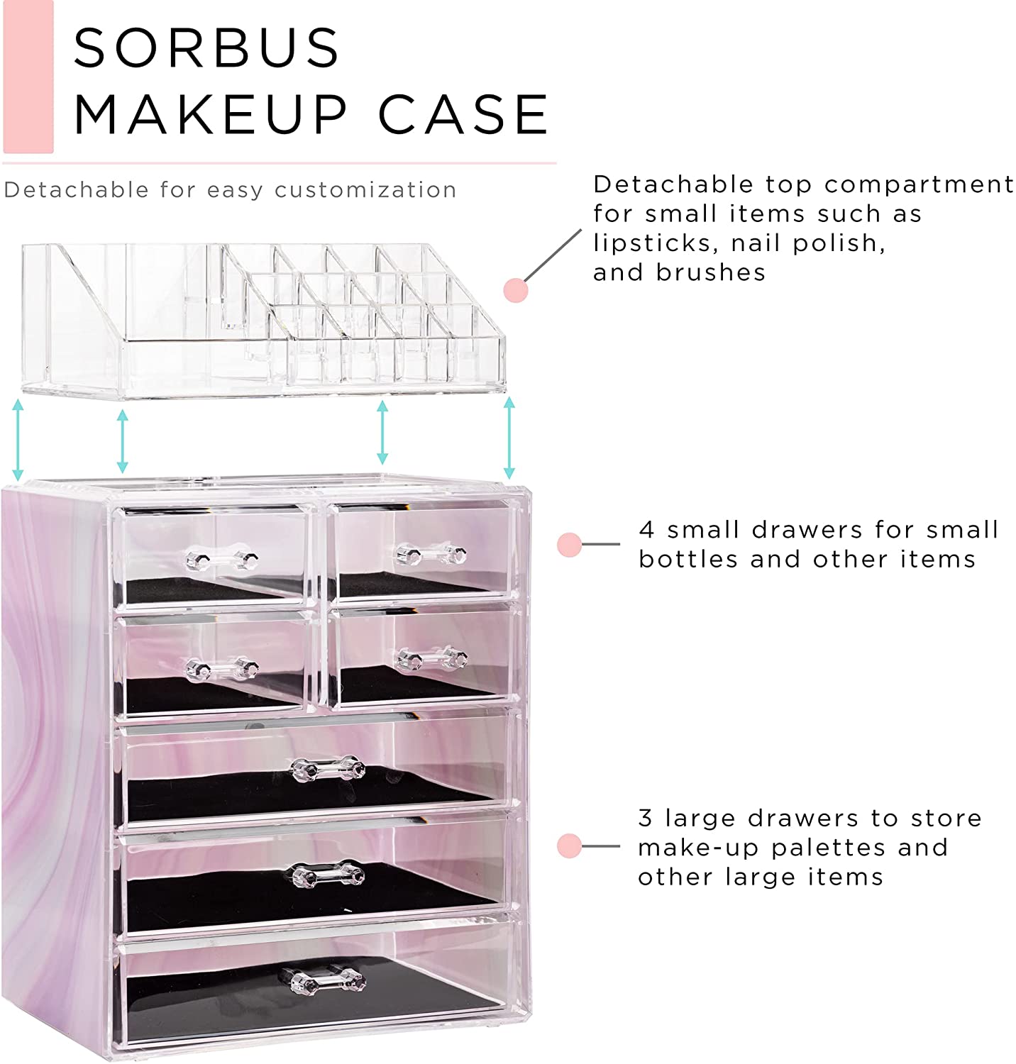 SORBUS MAKEUP CASE

- Detachable for easy customization
- Detachable top compartment for small items such as lipsticks, nail polish, and brushes
- 4 small drawers for small bottles and other items
- 3 large drawers to store make-up palettes and other large items