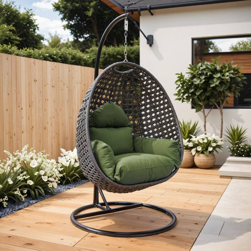 LeisureMod Charcoal Wicker Outdoor Egg Swing Chair with Steel Stand UV ...