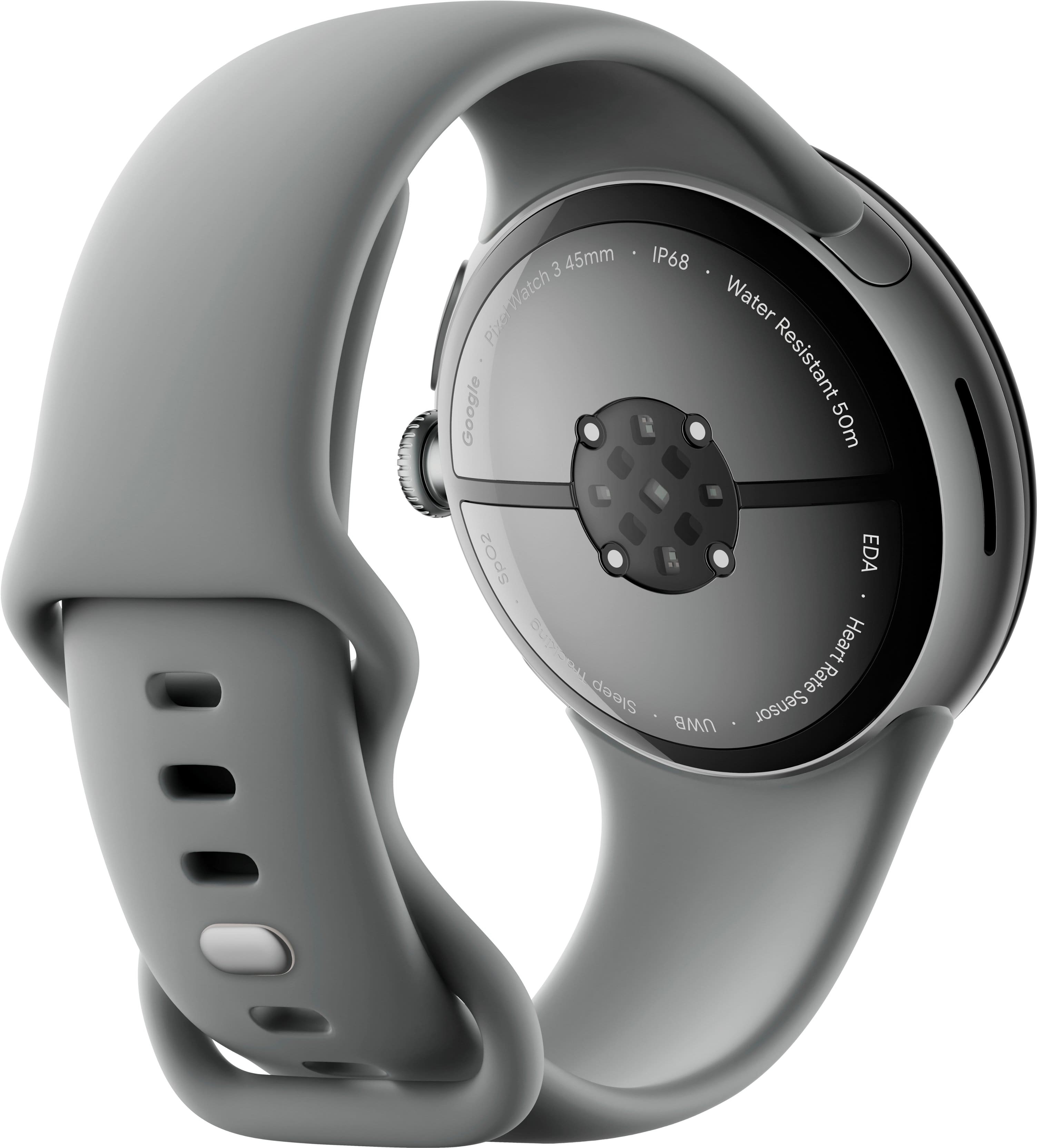 The text on the image reads: "3 45mm Watch Pixe Google IP68 Water Resistant 50m SpO2 OZ BURL n SLL Sleep UWB EDA Heart Rate Sensor." This text seems to be describing a watch with various features, such as a heart rate sensor, water resistance, and sleep tracking. The watch is likely designed by Pixe and is compatible with Google services. The watch has a 45mm diameter and is equipped with an IP68 rating, which indicates that it is water-resistant to a depth of 50 meters. Additionally, the watch features a SpO2 sensor, which can measure the oxygen saturation in the blood, and an EDA sensor, which can detect the electrical activity of the skin.