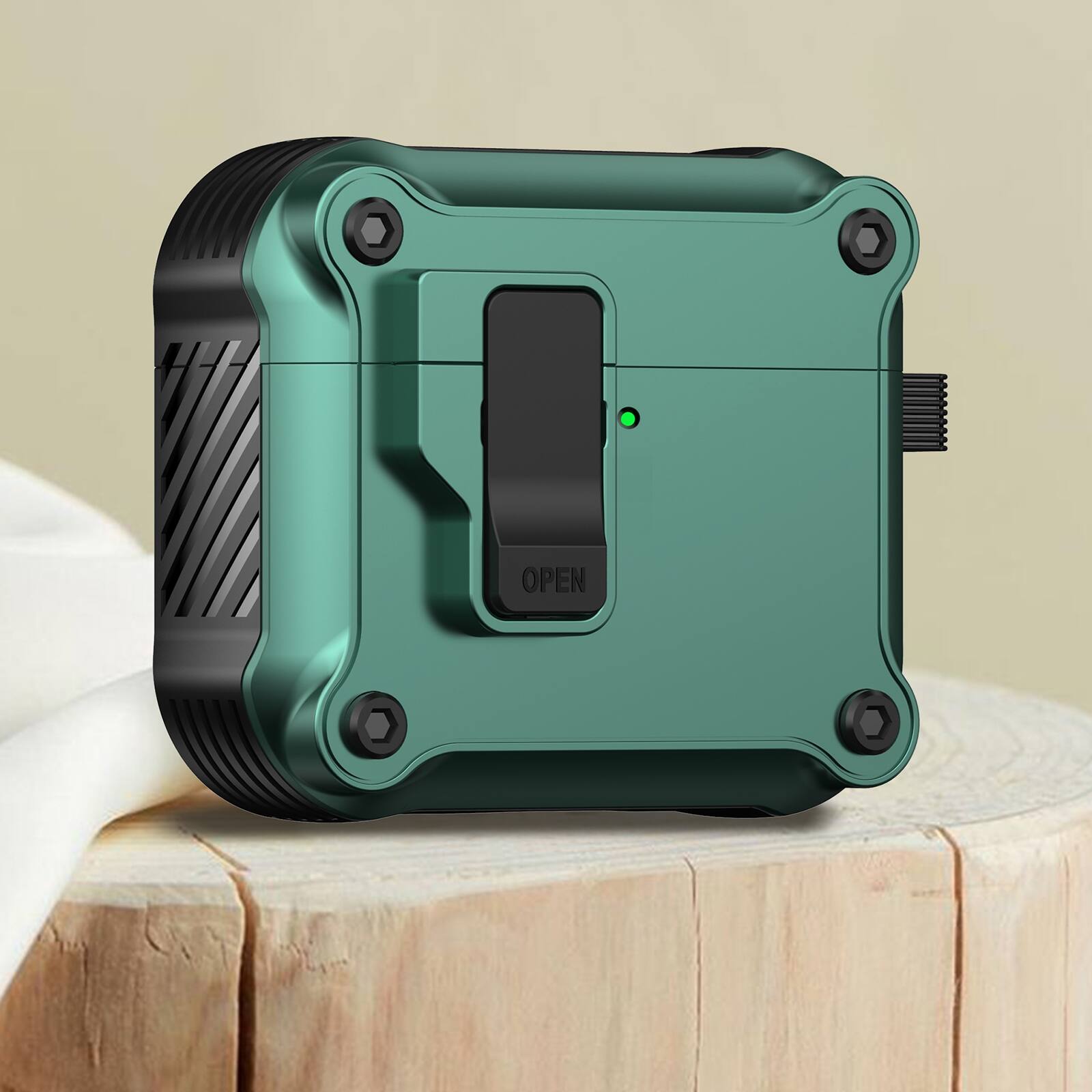 Front. UUCOVER - For Airpods 4/5th Gen Protective Case with Secure Auto Opening Lock and Metal Carabiner, Shockproof Earbuds Sleeve Cover - Green.