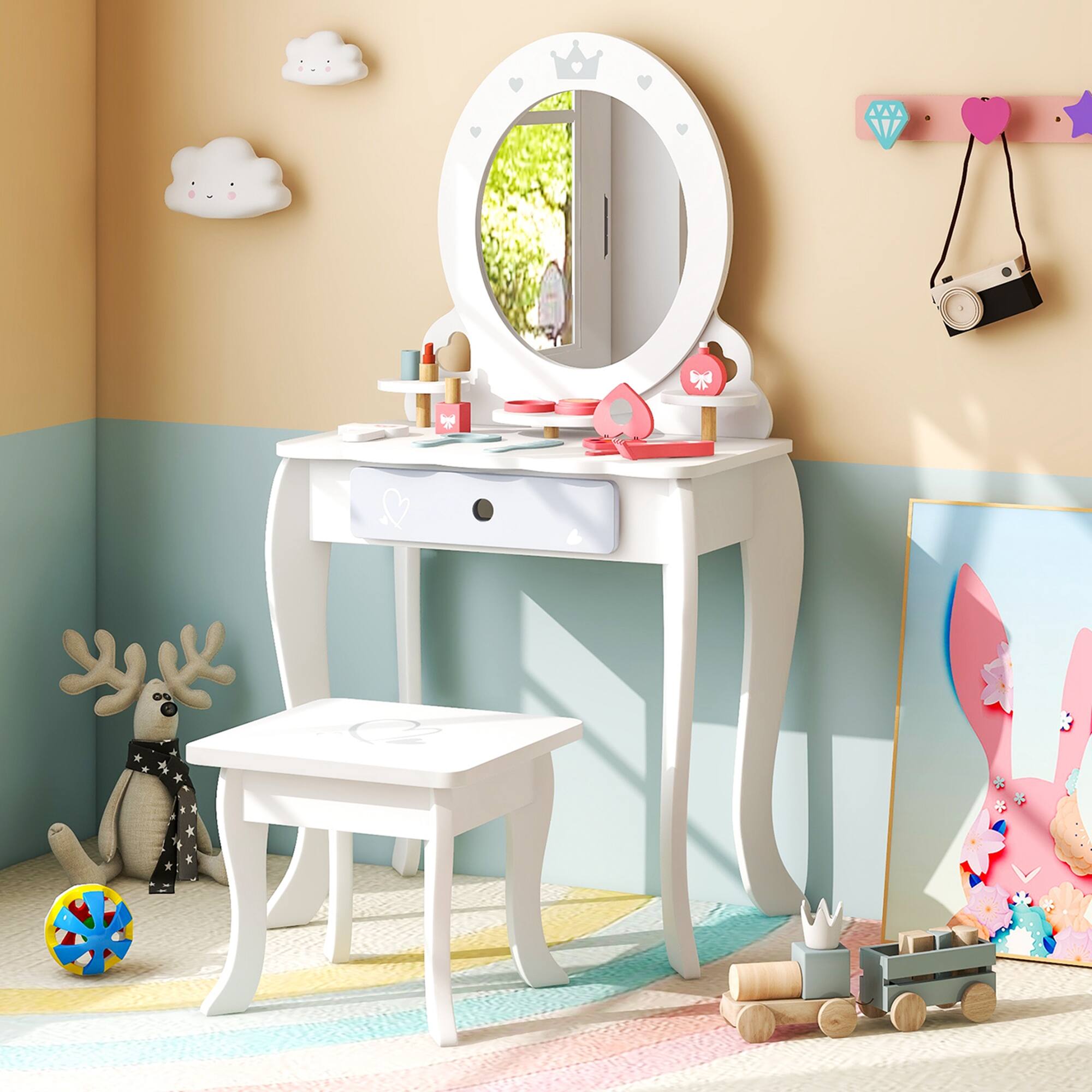 Alt View 3. Costway - Costway Kids Vanity Set Makeup Table & Chair Sweet Accessories Included Storage Drawer - White.