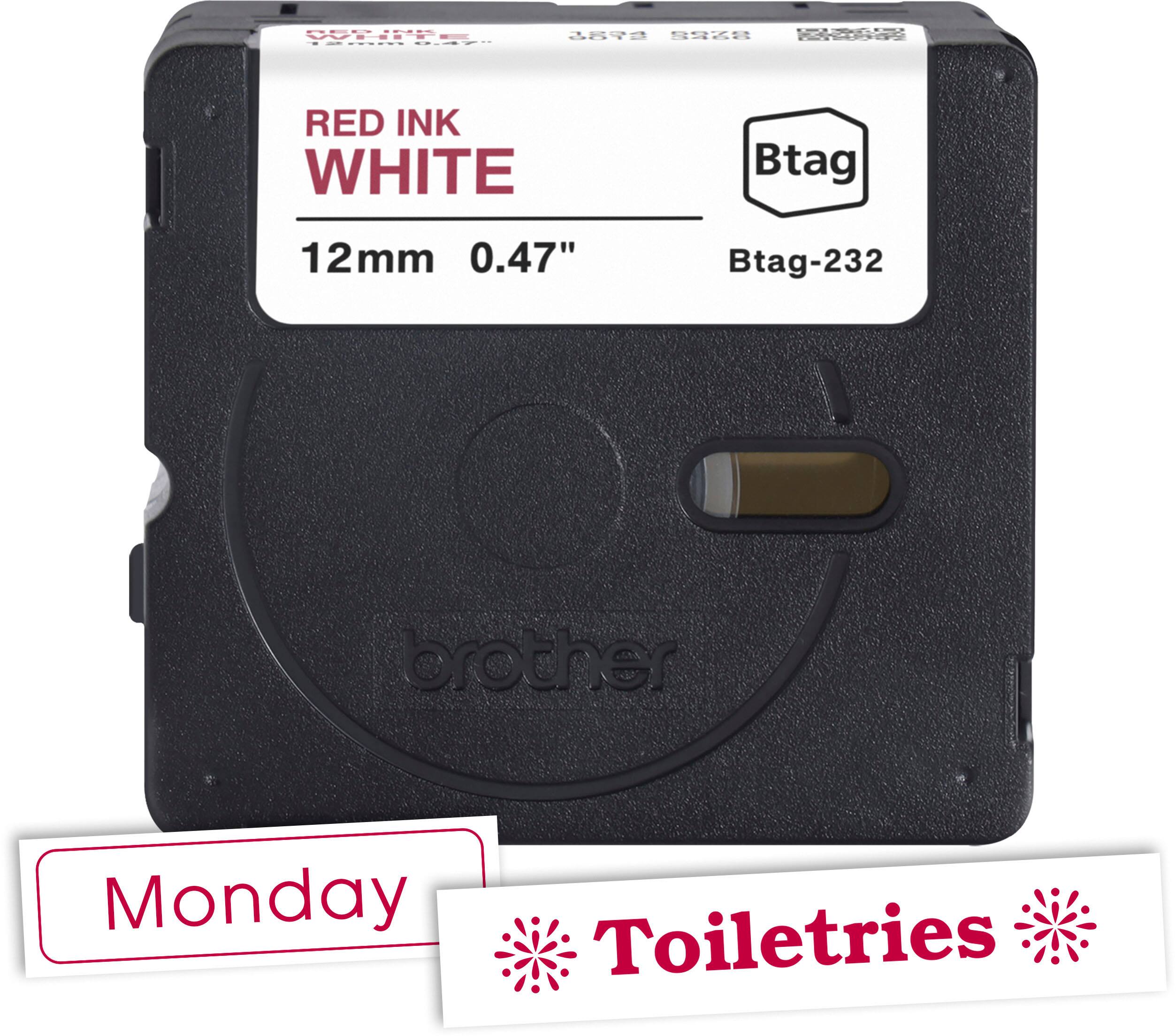 The text on the image reads: "Red Ink White Btag 12mm 0.47" Btag-232 brother Monday Toiletries."