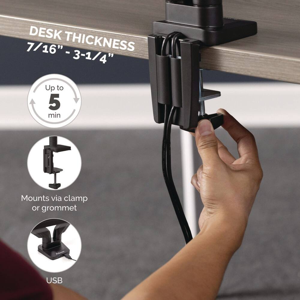 DESK THICKNESS  
7/16" - 3-1/4"  

Up to 5 min  

Mounts via clamp or grommet  

USB