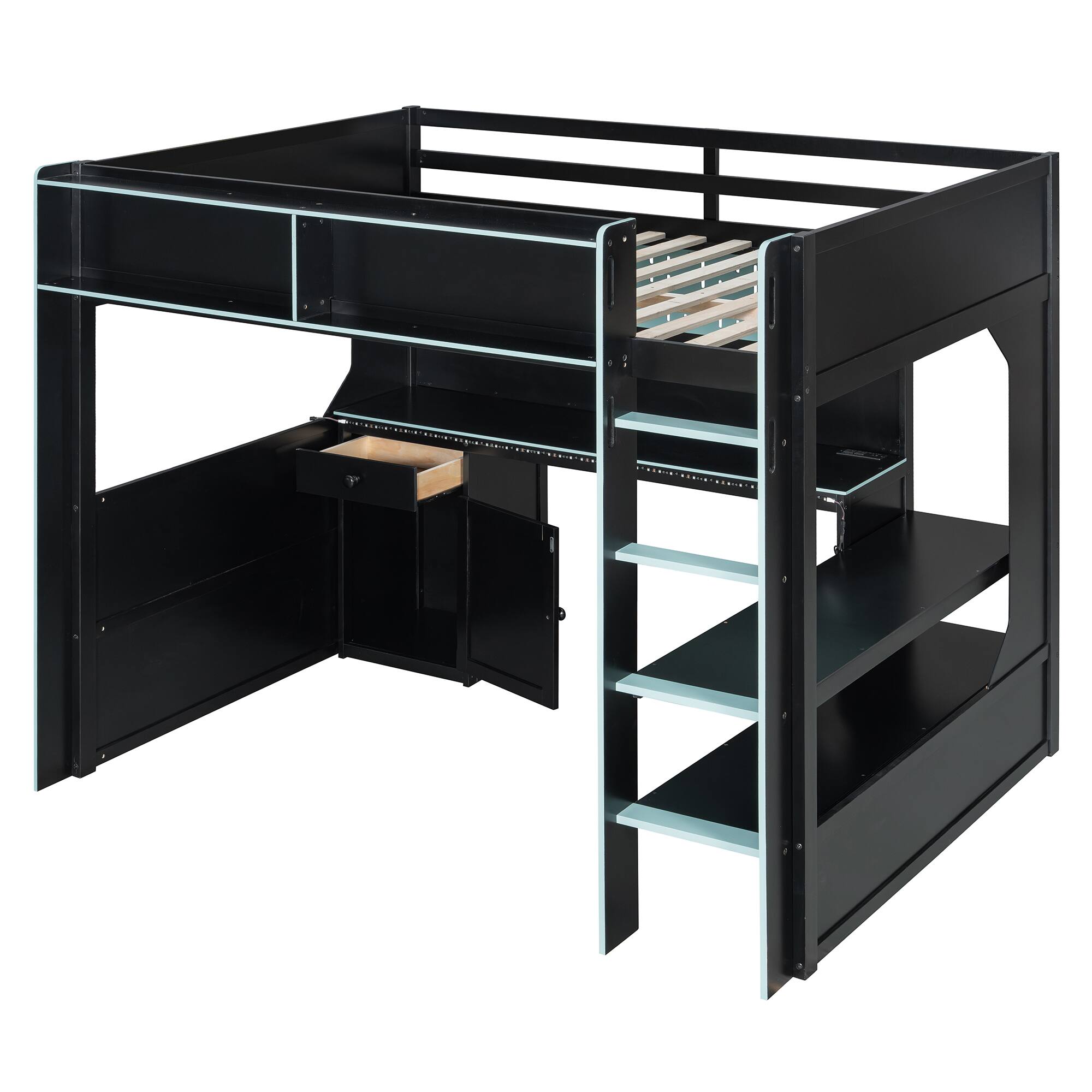 Left. Whisen - Gaming Loft Bed with Desk, RGB LED Lights, Charging Station & Storage, Sturdy Wood Frame - Black|Blue.