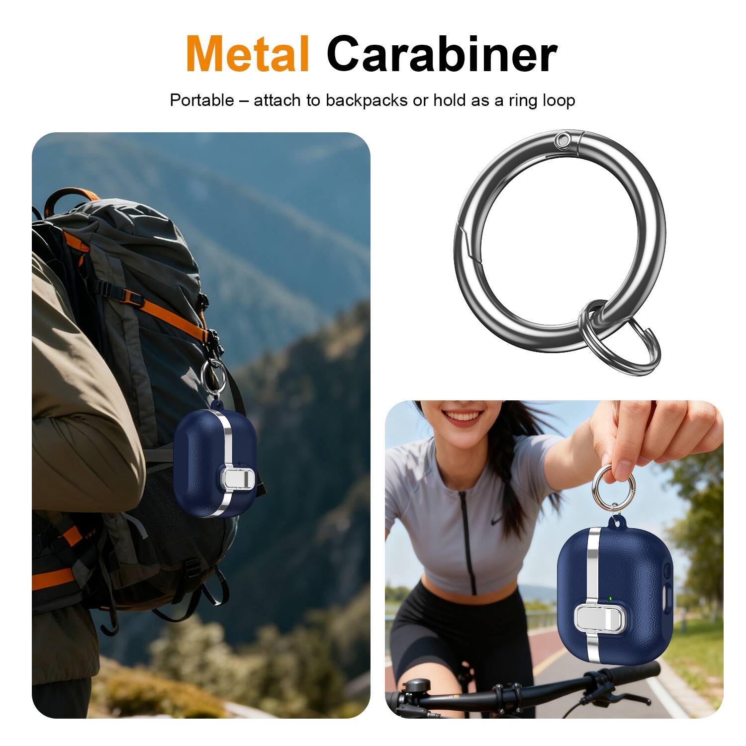 Metal Carabiner  
Portable – attach to backpacks or hold as a ring loop