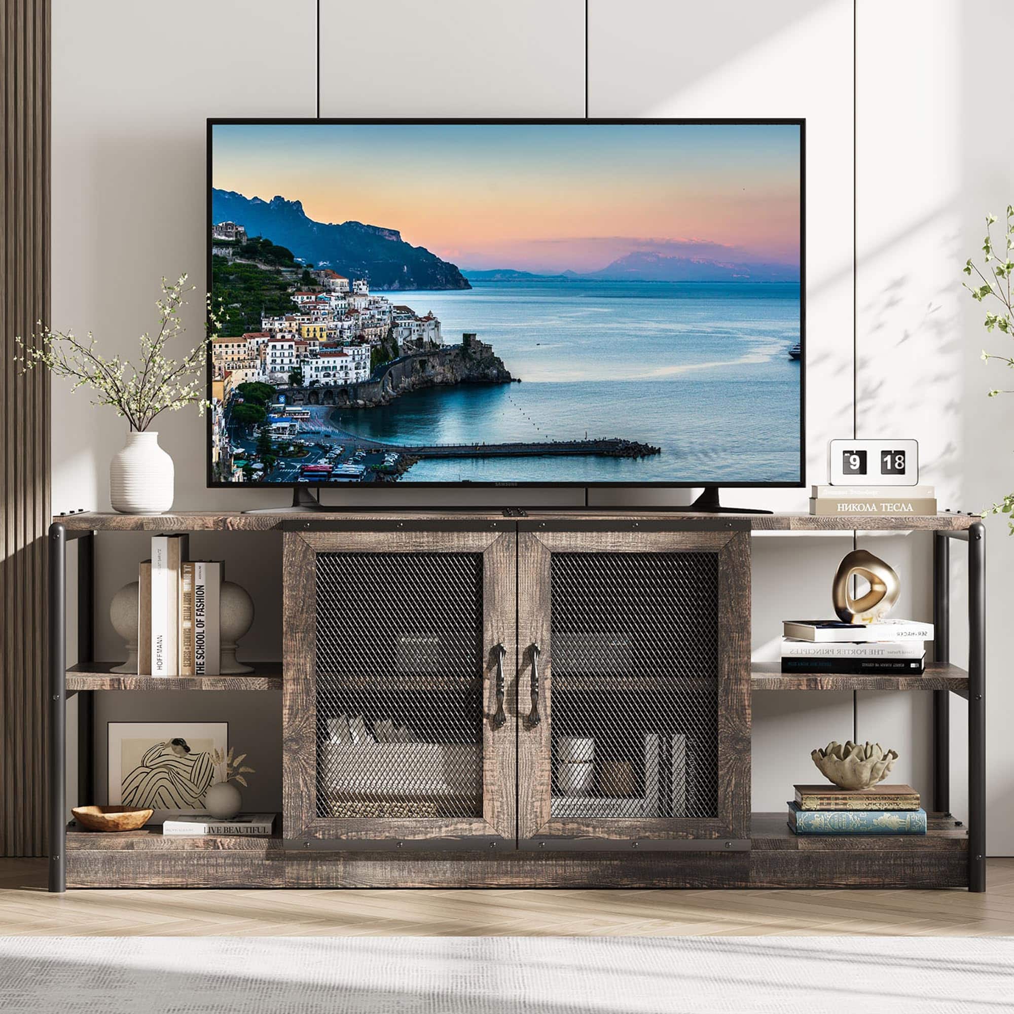 Jojoka - 63" Farmhouse TV Stand for 65/75 Inch TVs, Industrial Media Console with Storage Cabinet & Mesh Doors - Dark Oak