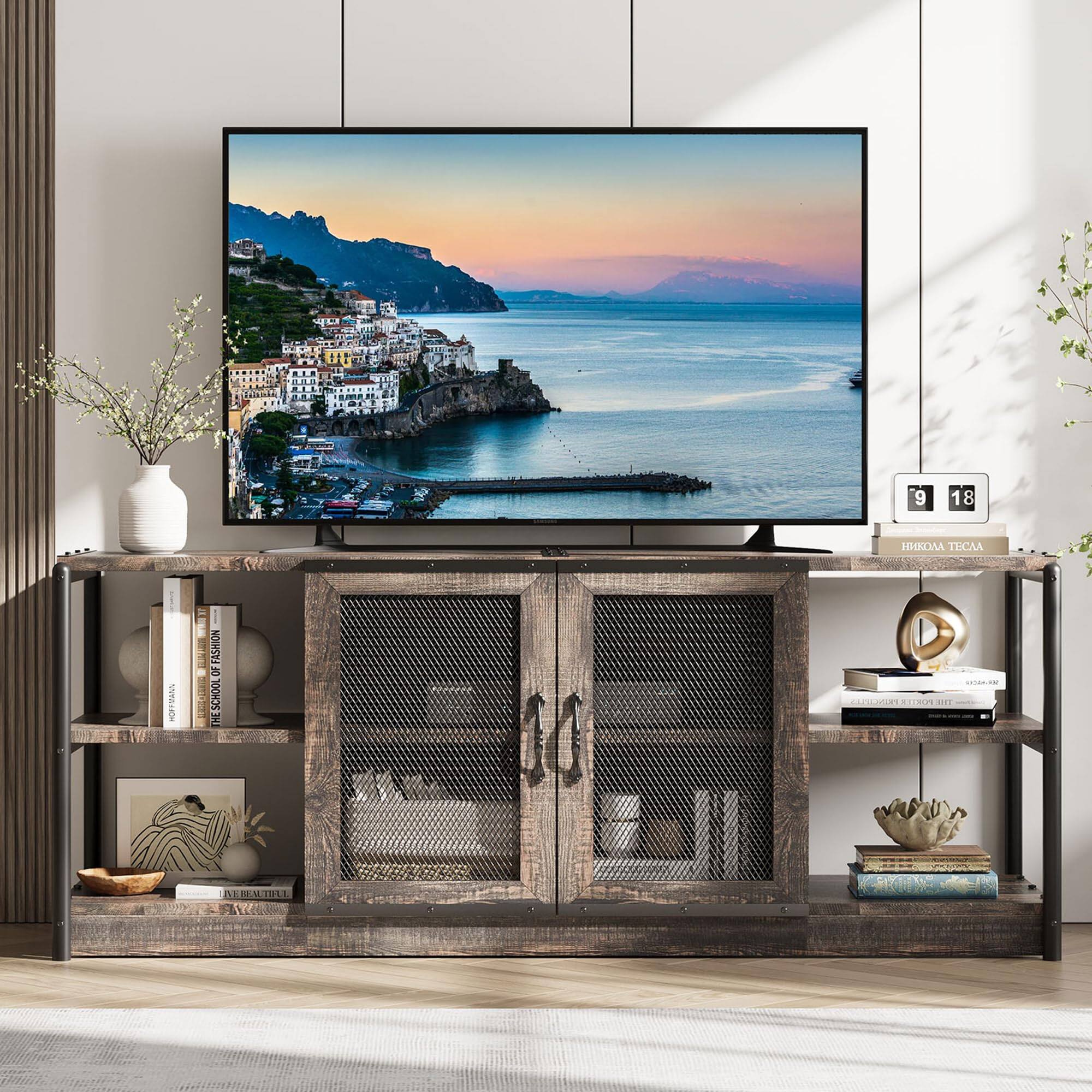 Jojoka - 63" Farmhouse TV Stand for 65/75 Inch TVs, Industrial Media Console with Storage Cabinet & Mesh Doors - Dark Oak