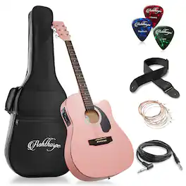 Ashthorpe - Full-Size Cutaway Thinline Acoustic-Electric Guitar w/ Gig Bag and EQ - Pink