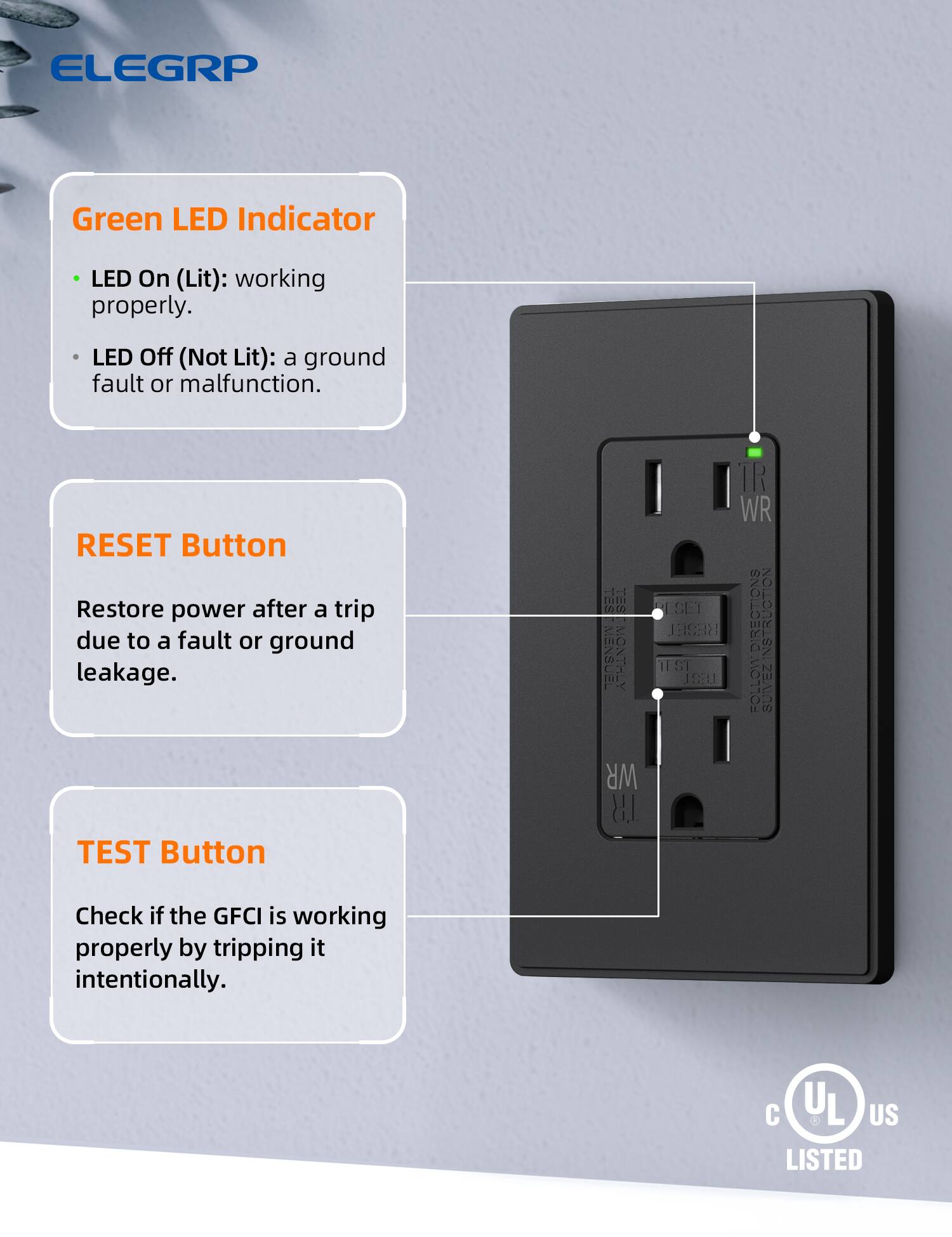 ELEGRP

Green LED Indicator
- LED On (Lit): working properly.
- LED Off (Not Lit): a ground fault or malfunction.

RESET Button
Restore power after a trip due to a fault or ground leakage.

TEST Button
Check if the GFCI is working properly by tripping it intentionally.

UL US LISTED
