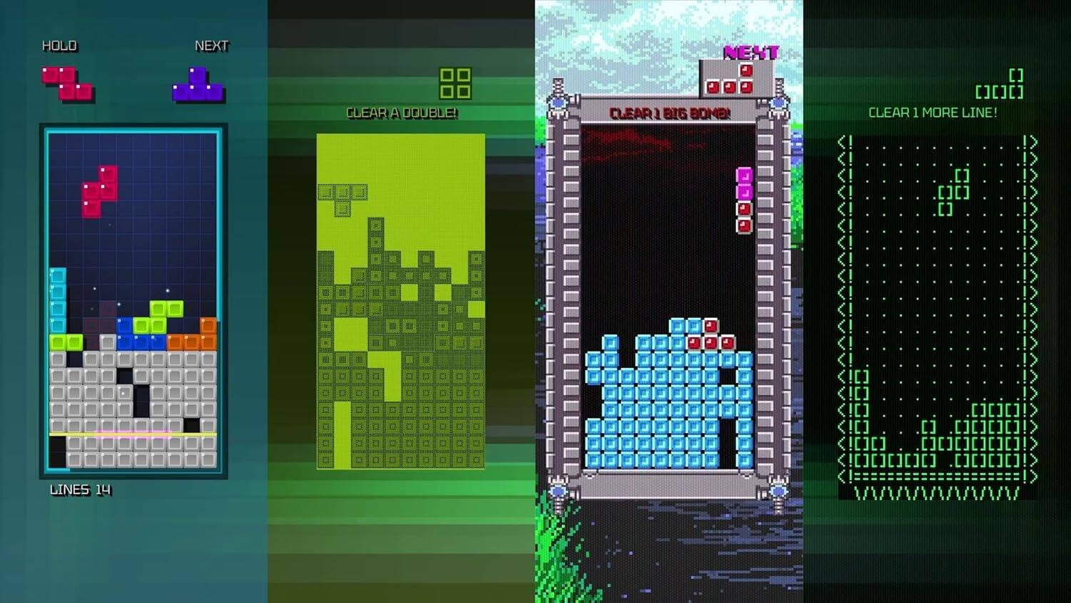 HOLD NEXT CLEAR A DOUBLE NEXT a a CLEAR) BIG BOME [] CC] CLEAR 1 MORE LINE! a [] []C] [] a [] ![] ![] D0 []! [] [00C []C] ] 000000 00000 ] [ 00 ] LINES 14