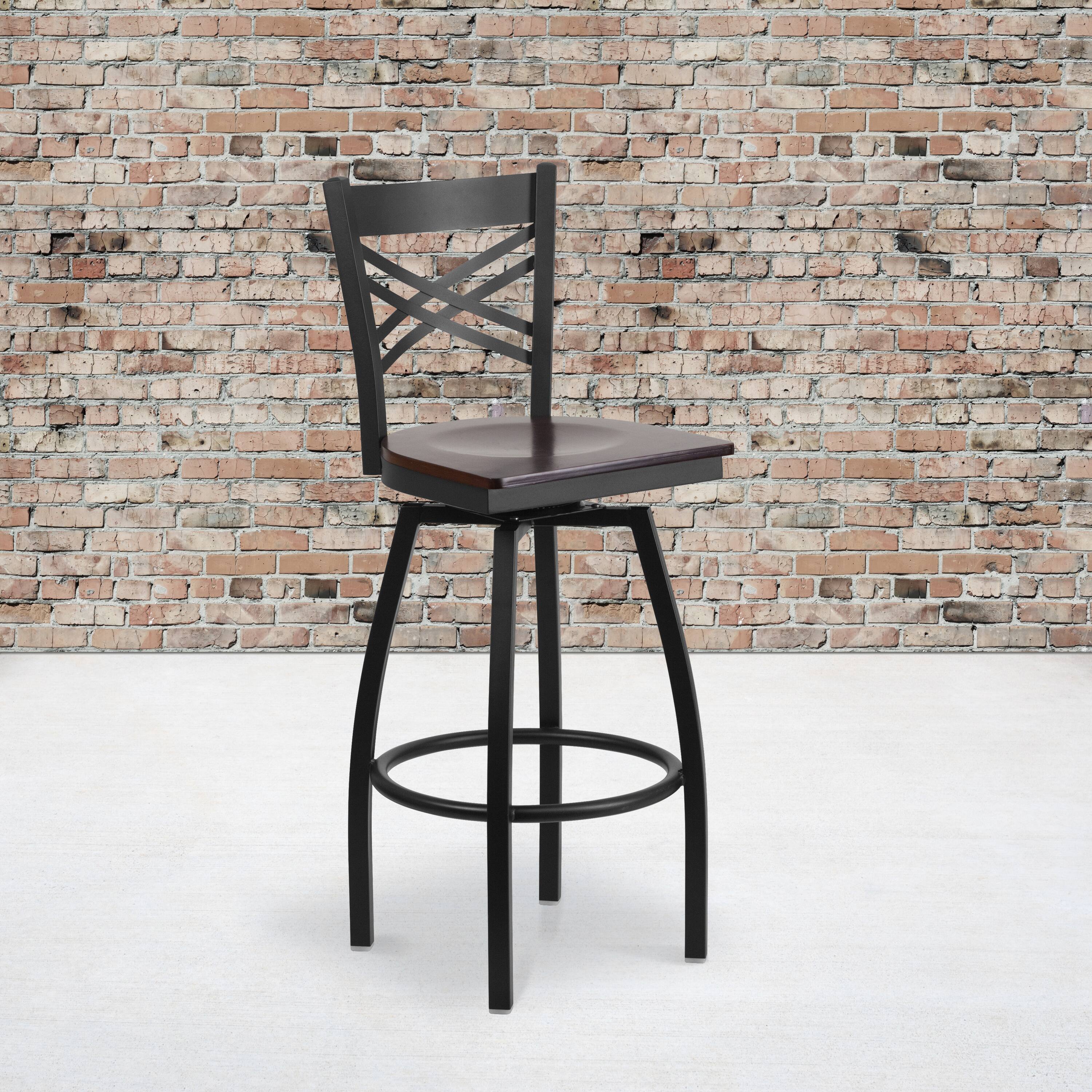Angle. Flash Furniture - HERCULES Series Black ''X'' Back Swivel Metal Barstool - Walnut Wood Seat - Brown.