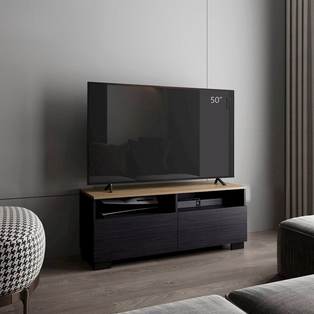 Alt View 3. TuHome - TV Stand with Open Shelves and Compact Profile, Black - Natural Oak - Black.