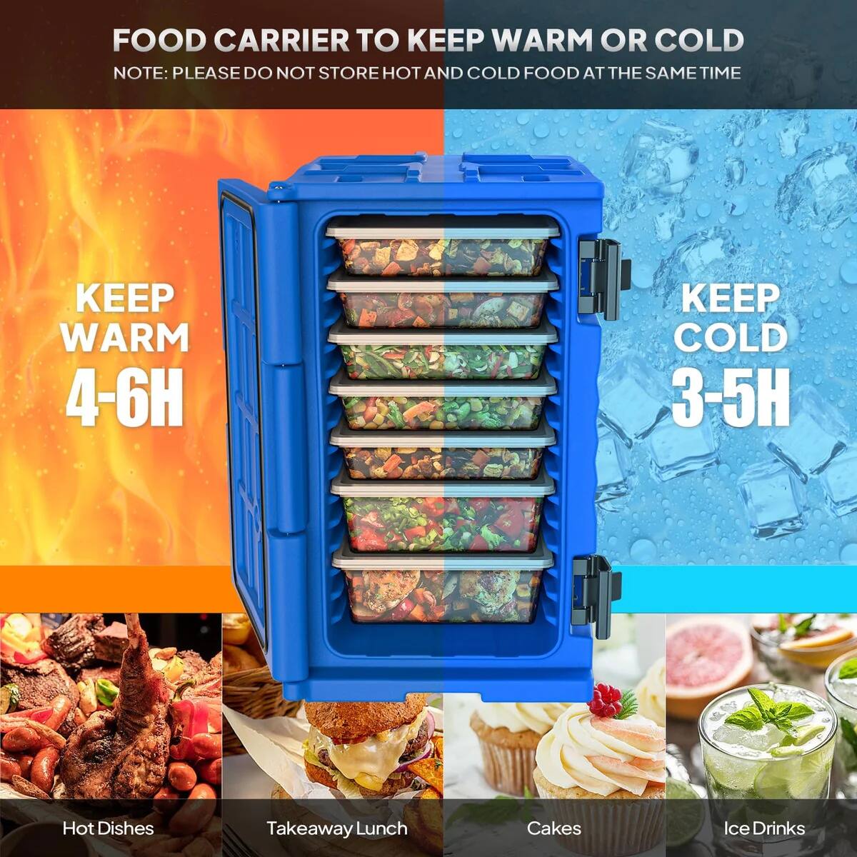 FOOD CARRIER TO KEEP WARM OR COLD  
NOTE: PLEASE DO NOT STORE HOT AND COLD FOOD AT THE SAME TIME  

KEEP WARM 4-6H  
KEEP COLD 3-5H  

Hot Dishes  
Takeaway Lunch  
Cakes  
Ice Drinks