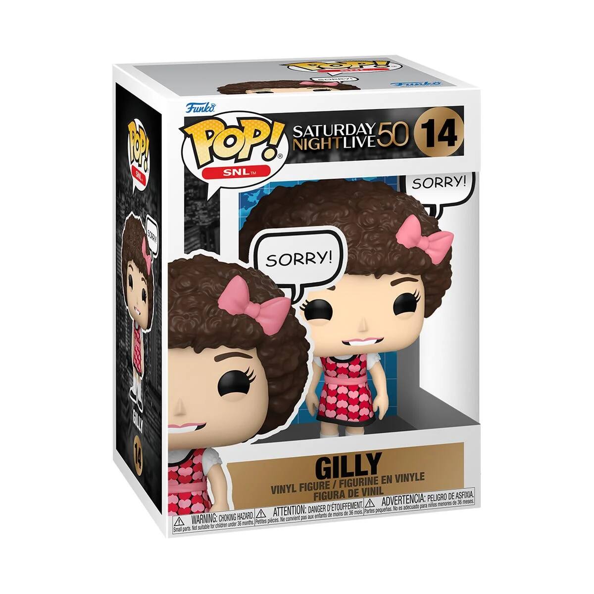 Rop Ea Funko SATURDAY 50 14 P POP! NIGHTLIVE SNL - SORRY! 2OR SORRY! e 1 GILLY EN VINYLE FIGURE / FIGURINE VINYL DE VINIL FIGURA ADVERTENCIA: PELIGRO DE ASFIIA A nees a 3 nesec ETOUFFEMENT adesado 201 - ATTENTION: DANGER I Pates pequetas 1 d A mins a 30 noi HAZARD - entants de A WARNING: CHOKING Petites pices Dr conviet  chldre unde 3 morts - sbbe  Snal put