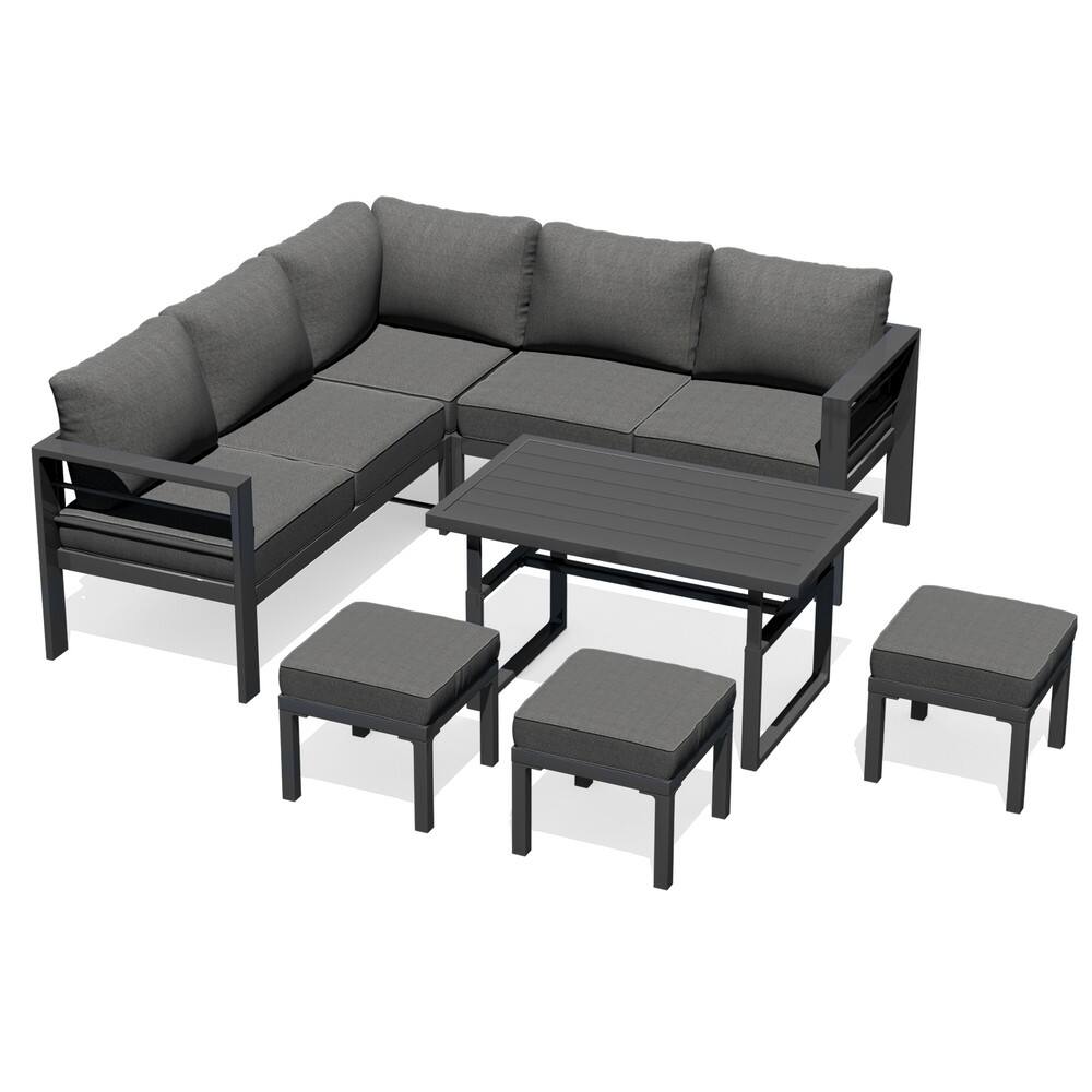 Back. Mondawe - 7-Piece Aluminum Corner Seating Set with Adjustable Lift Table and Cushions - Dark Grey.