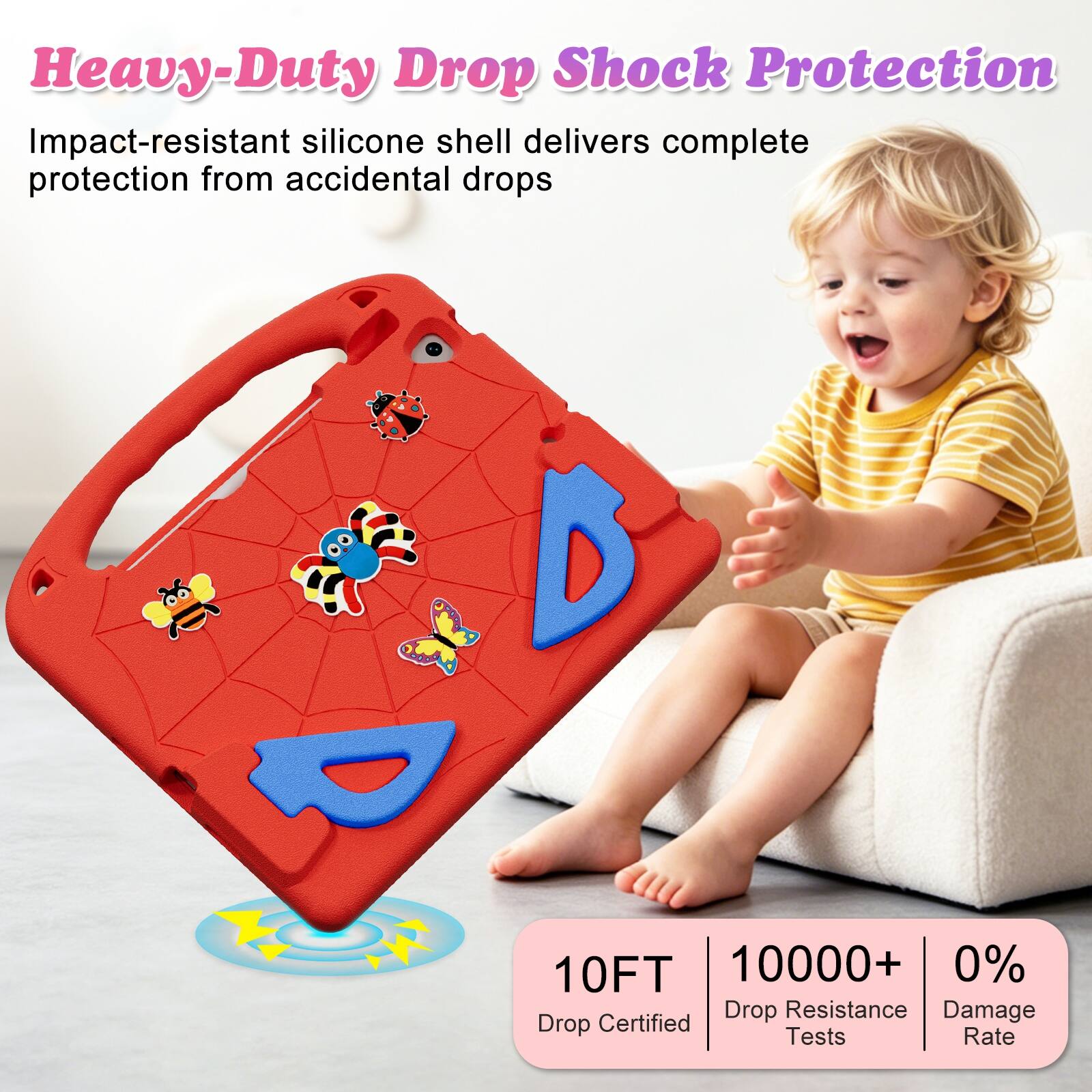 Heavy-Duty Drop Shock Protection  
Impact-resistant silicone shell delivers complete protection from accidental drops  

10FT  
10000+ Drop Resistance Tests  
0% Damage Rate