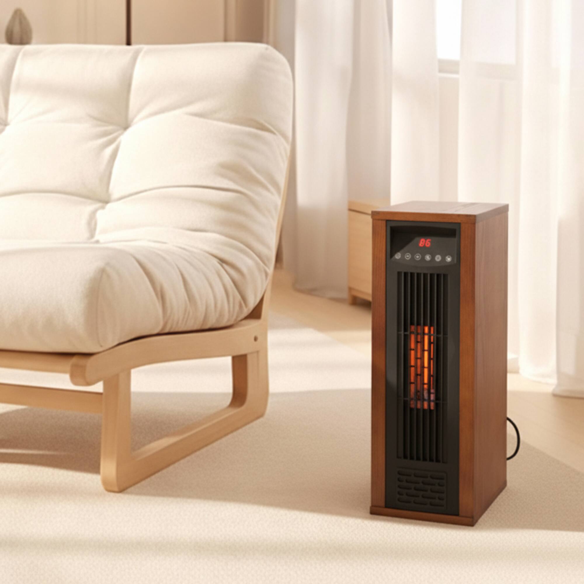 Left. Vaczon - 1500W Portable Infrared Quartz Space Heater with Remote Control, ECO Mode, 12-Hour Timer and Child Lock for Home Use - Walnut Brown.