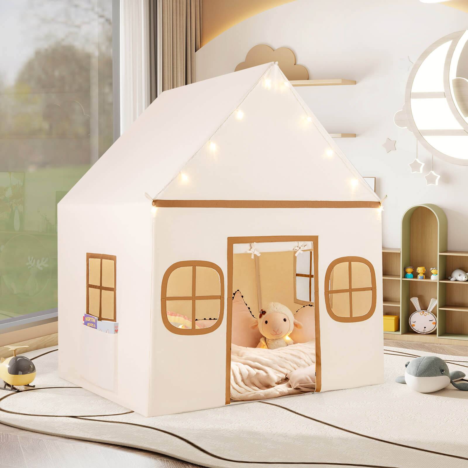 Alt View 3. Costway - Costway Kids Play Tent with Padded Mat, Star Lights, Side Storage Bags, Door & Windows - Brown.
