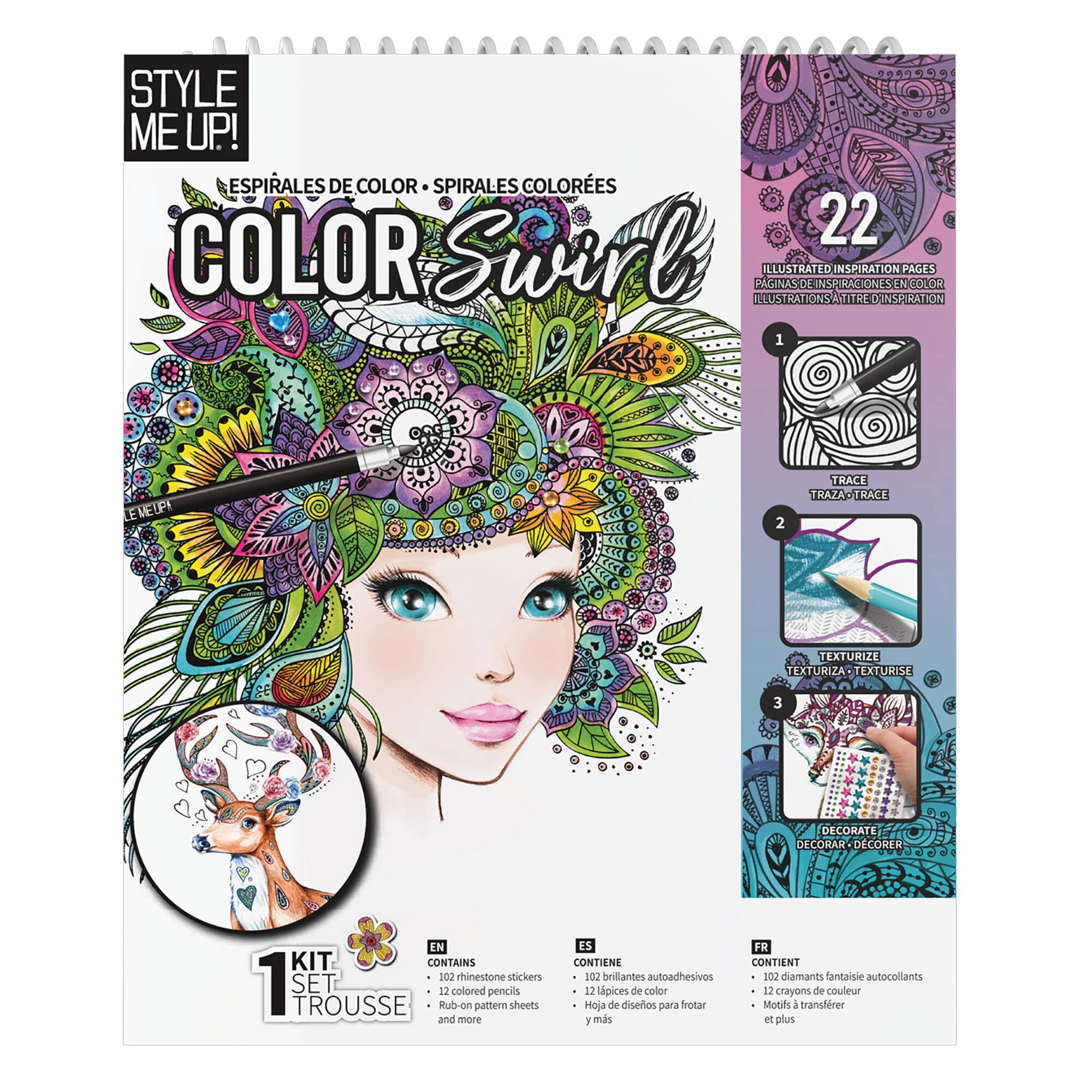 STYLE ME UP! COLOR SWIRL 22 ILLUSTRATIONS PAGES OF INSPIRATION INSPIRATION IN PAGES COLOR 1 MM TRAZA TRACE LEMEUP 2 TEXTURIZE TEXTURIZA. TEXTURISE 3 DECORATE DECORAR DECORER EN KIT CONTAINS 102 minestone stickers 1 SET 12 colored pencils TROUSSE Rub an pattern sheets and more ES CONTIENE 102 brillantes autoadhesivos 12 tpices de color Hoja de diseos para frotar 1 ms R CONTIENT 00 diamants fantaisie autocollants 12 crayons de couleur Motifs  transfrer et plus