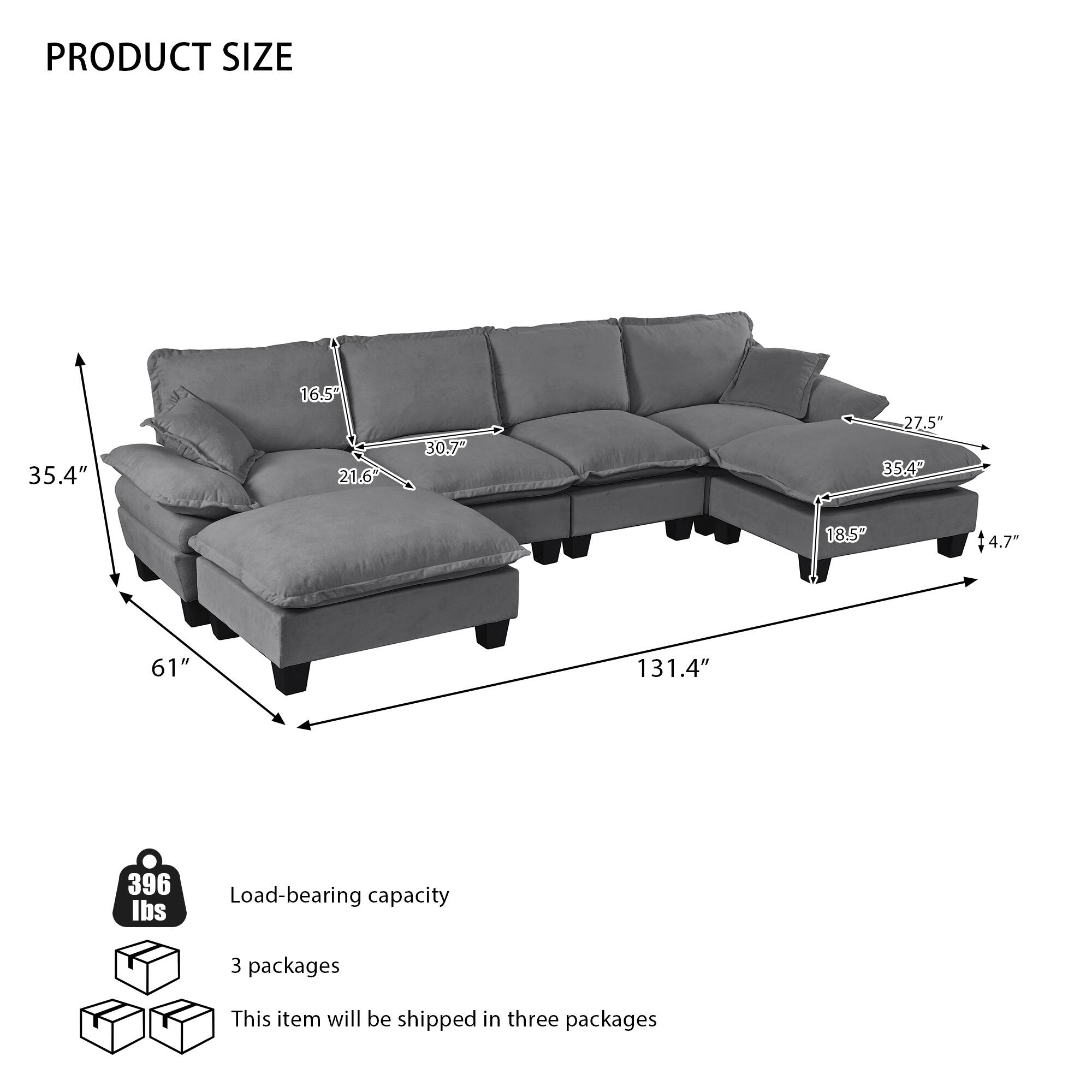 PRODUCT SIZE

- 35.4" (height)
- 61" (depth)
- 131.4" (length)
- 30.7" (width)
- 27.5" (seat width)
- 16.5" (back height)
- 21.6" (arm height)
- 18.5" (seat depth)
- 14.7" (seat height)

Load-bearing capacity: 396 lbs

3 packages

This item will be shipped in three packages.