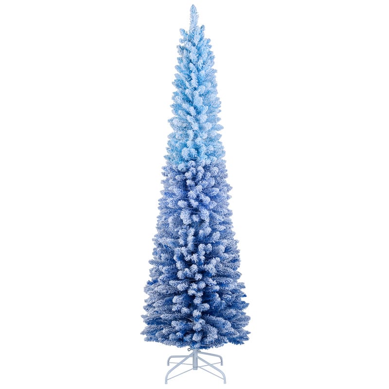 WELLFOR - 7ft Prelit Snow‑Flocked Artificial Pencil Christmas Tree with Warm White Lights, 588 Full Branch Tips - Blue & White