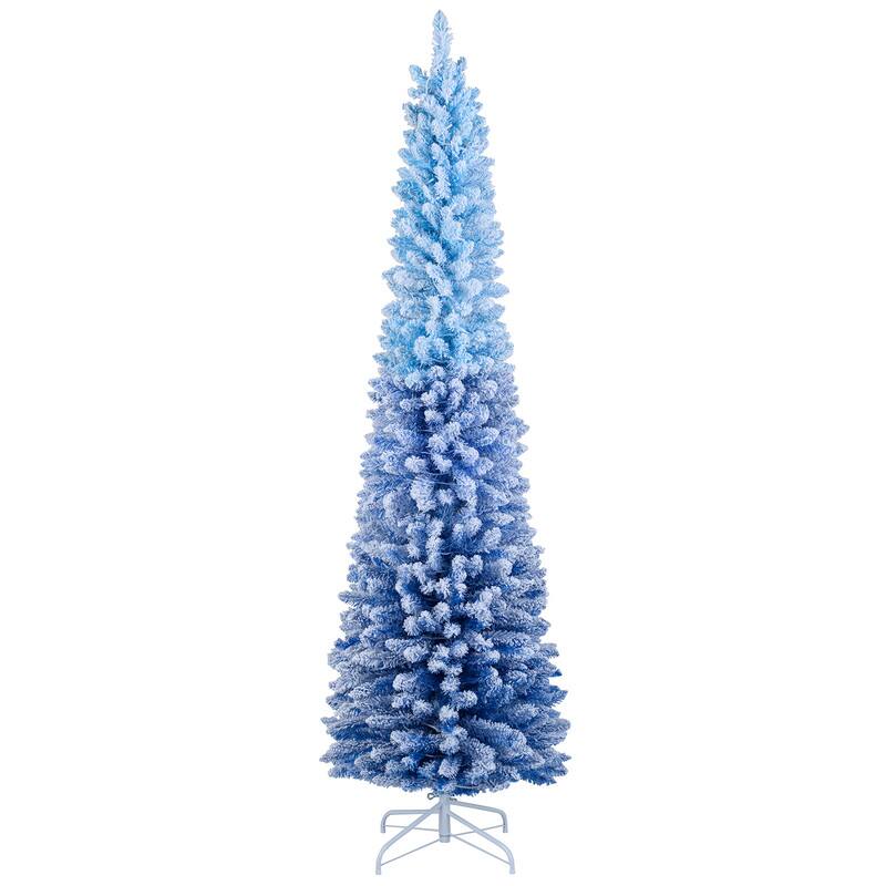 Front. WELLFOR - 7ft Prelit Snow‑Flocked Artificial Pencil Christmas Tree with Warm White Lights, 588 Full Branch Tips - Blue & White.