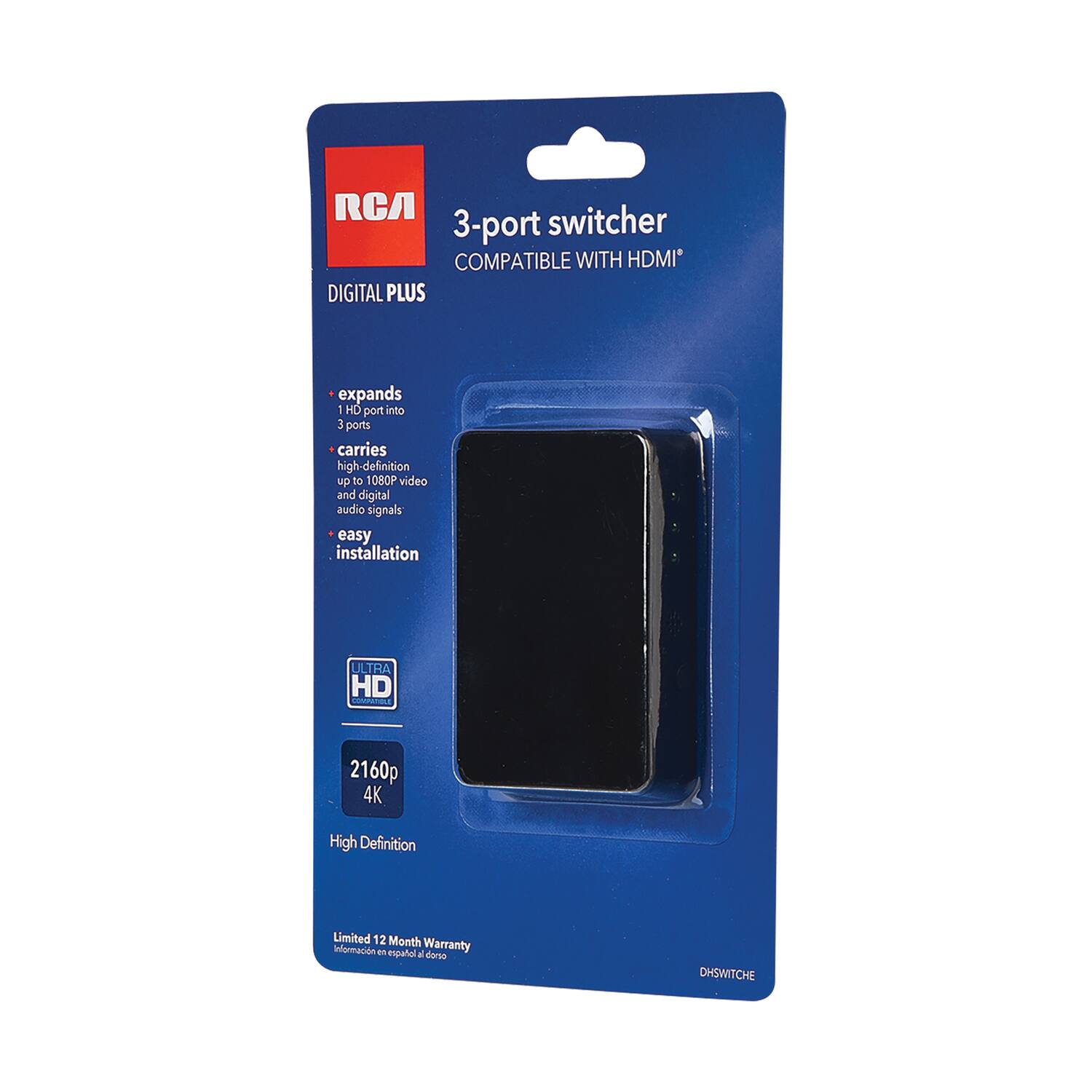 RCA  
3-port switcher  
COMPATIBLE WITH HDMI™  

DIGITAL PLUS  

- expands 1 HD port into 3 ports  
- carries high-definition up to 1080p video and digital audio signals  
- easy installation  

ULTRA HD  
2160p  
4K  

High Definition  

Limited 12 Month Warranty  
Información en español disponible  

DH5WITCH