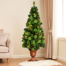 BreeBe - Artificial LED Xmas Tree with Berries & Pinecones – 5 Feet Tall - Green