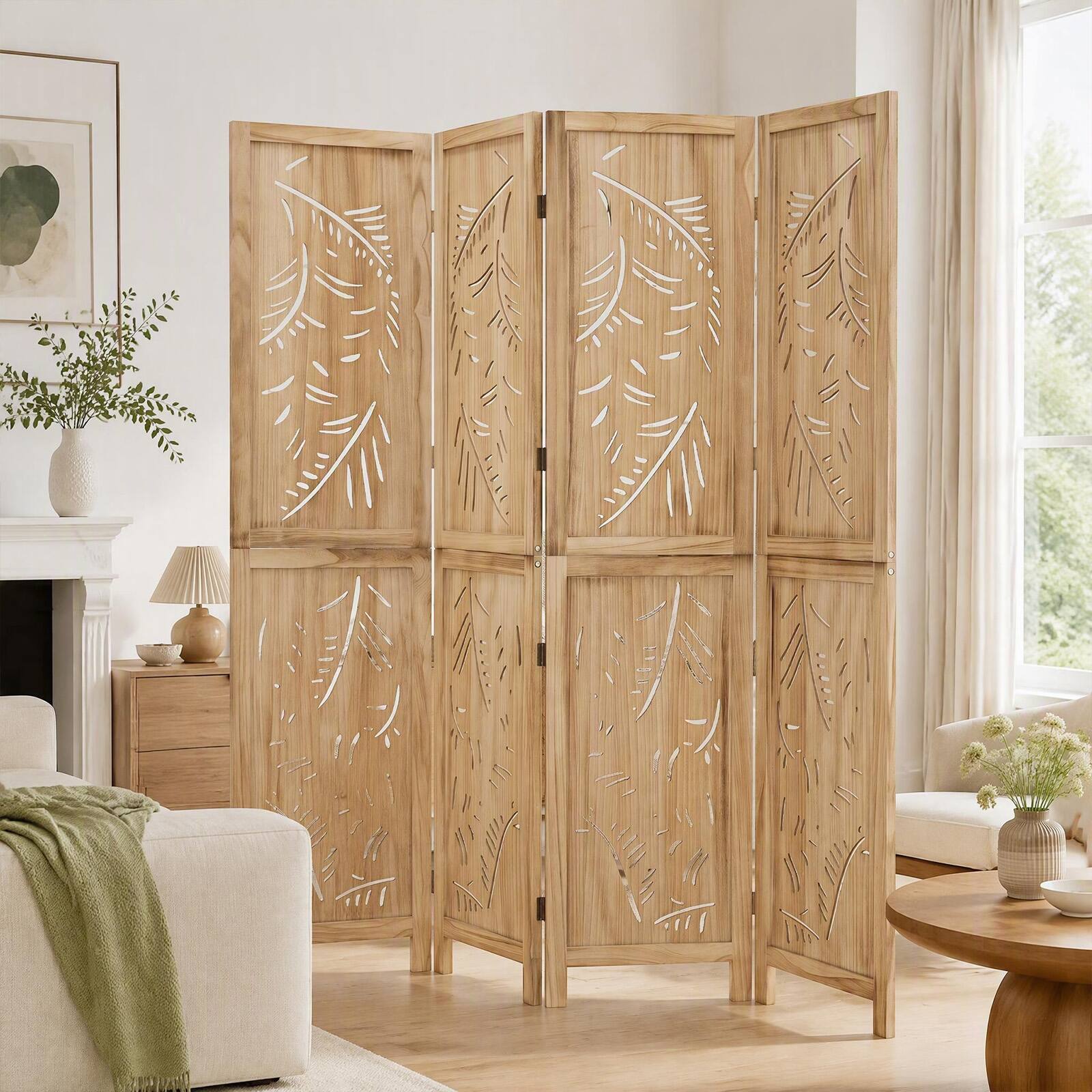 Costway 4 Panel Wooden Room Divider Privacy Screen with Palm Leaf ...