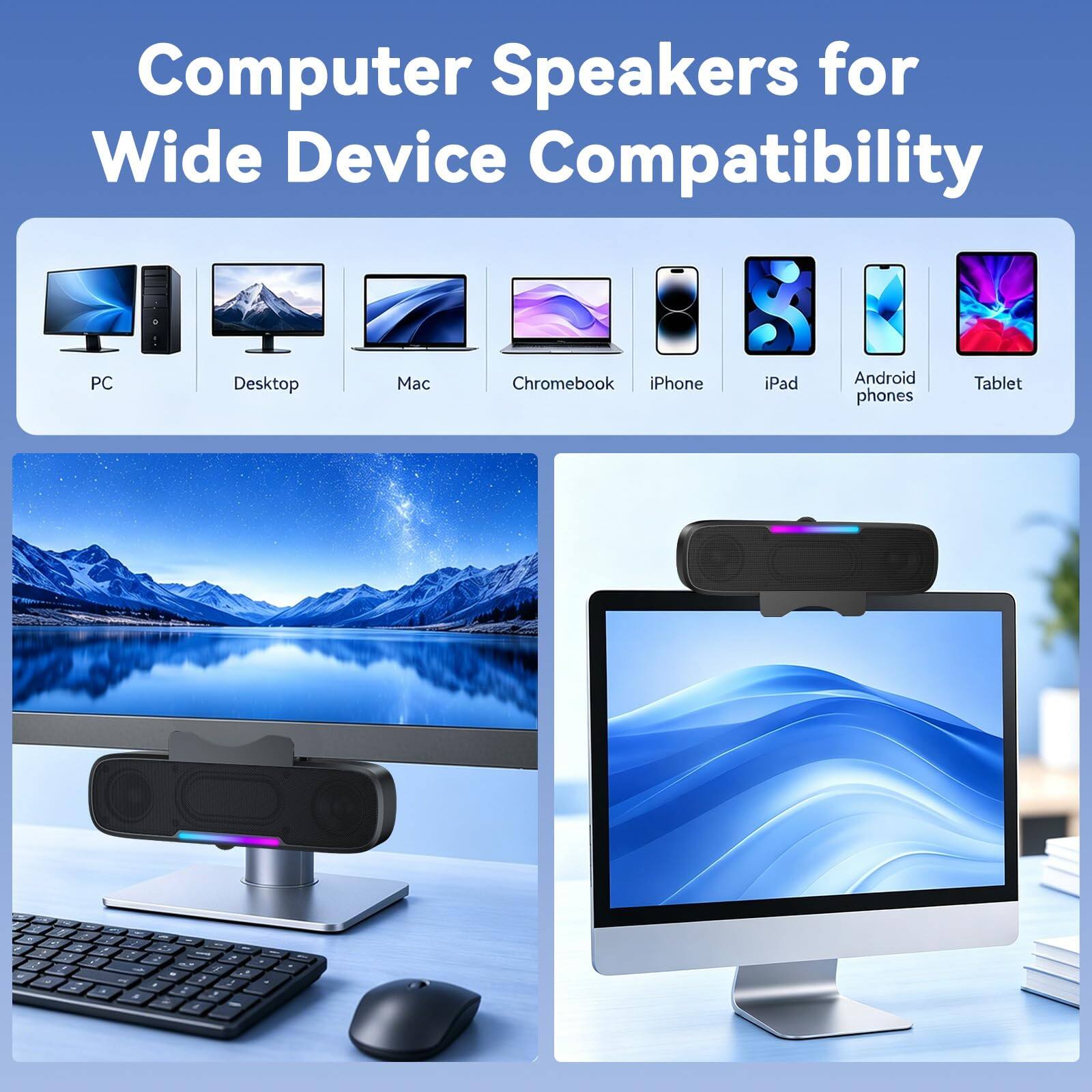 Computer Speakers for Wide Device Compatibility PC Desktop Chromebook iPhone iPad Android phones Tablet