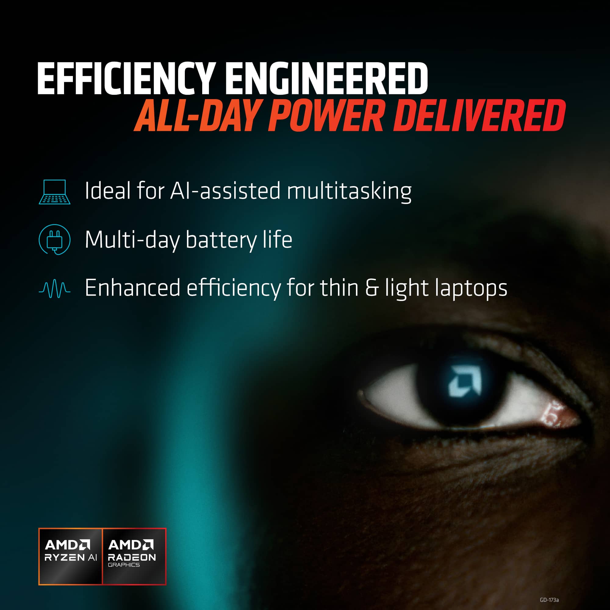 EFFICIENCY ENGINEERED ALL-DAY POWER DELIVERED
Ideal for AI-assisted multitasking
Multi-day battery life
Enhanced efficiency for thin & light laptops
AMD RYZEN
AMD RADEON GRAPHICS
GO-1734