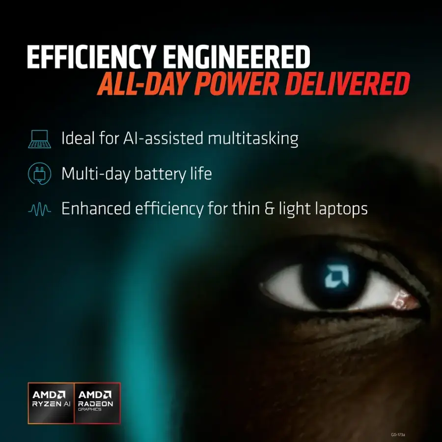 EFFICIENCY ENGINEERED ALL-DAY POWER DELIVERED

Ideal for AI-assisted multitasking
Multi-day battery life
Enhanced efficiency for thin & light laptops
AMD RYZEN
AMD RADEON GRAPHICS
GO-1734
