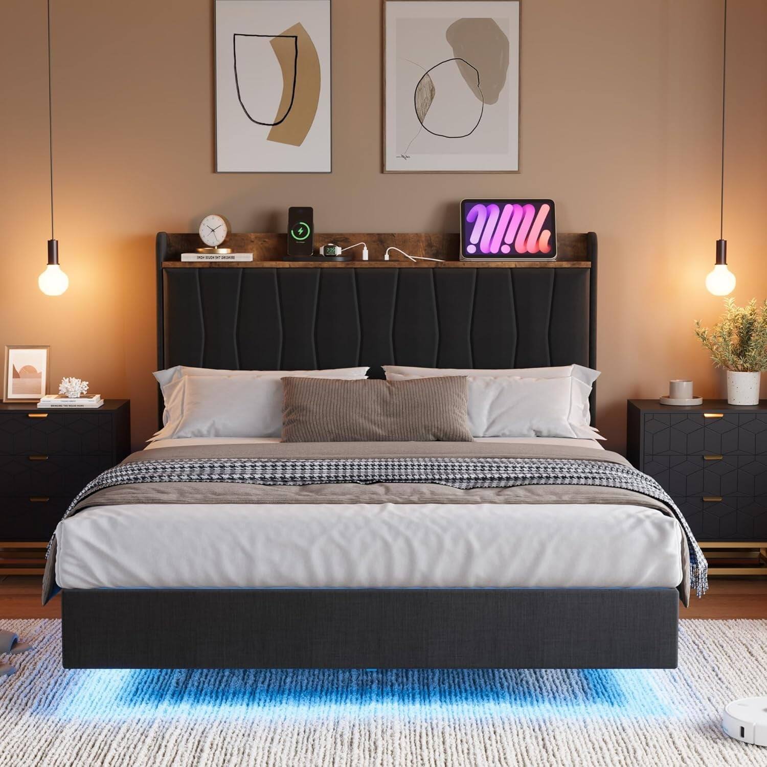 Alt View 2. Homhougo - King Floating Bed Frame with LED Lights & USB Charging, Black – Modern Bed with USB & LED Lights - Black.
