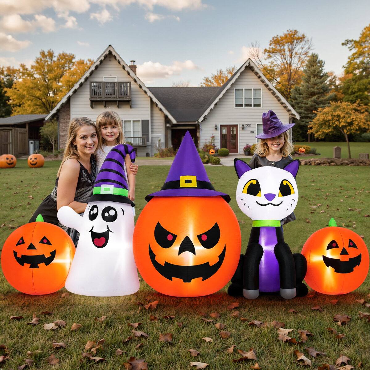 Angle. Wisairt - 8ft Inflatable Pumpkin Ghost Cat with LED Lights - Outdoor Decor - Green|White|Red.