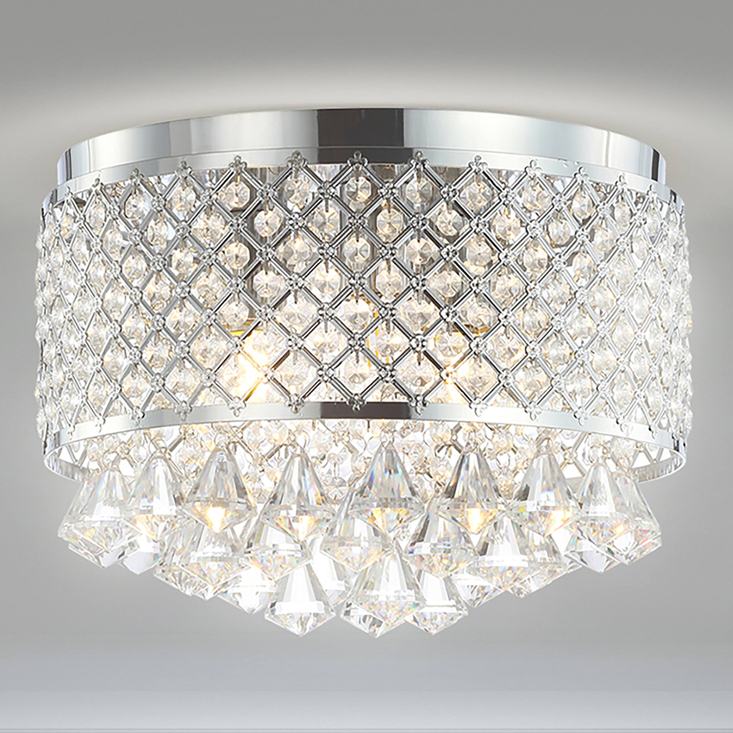 Alt View 1. Jonathan Y - Evelyn 14.7" 3-Light Crystal Drops/Metal LED Flush Mount, Chrome - Chrome/Clear.