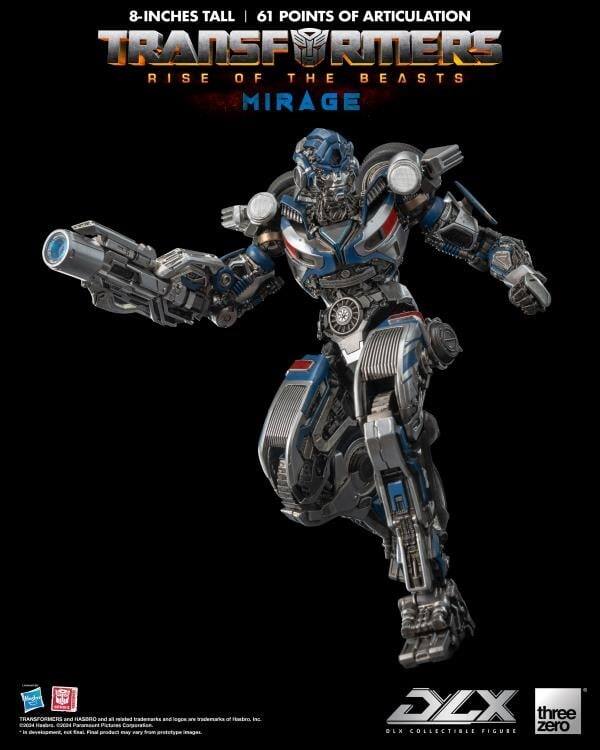 8 INCHES TALL | 61 POINTS OF ARTICULATION  
TRANSFORMERS  
RISE OF THE BEASTS  
MIRAGE  

DLX COLLECTIBLE FIGURE  
three zero  

TRANSFORMERS and all related characters, names and the look and feel are trademarks of Hasbro, Inc. © 2023 Hasbro. All Rights Reserved.  
© 2023 Hasbro. © 2023 Paramount Pictures Corporation.  
*This is a development image. The final product may vary from prototype images.