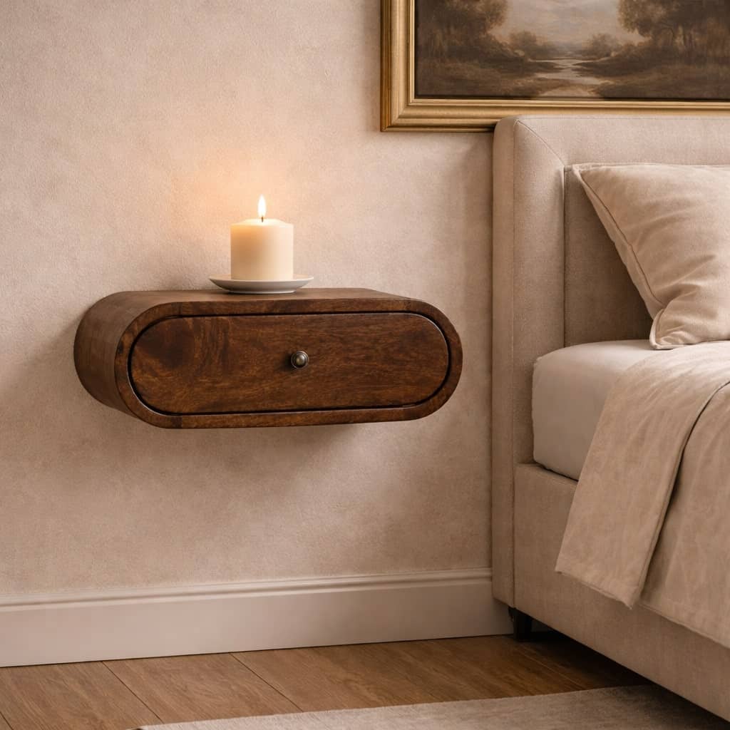 Artisan Furniture - Solid Wood Rounded Wall-Mounted Bedside in Classic Grey - Brown