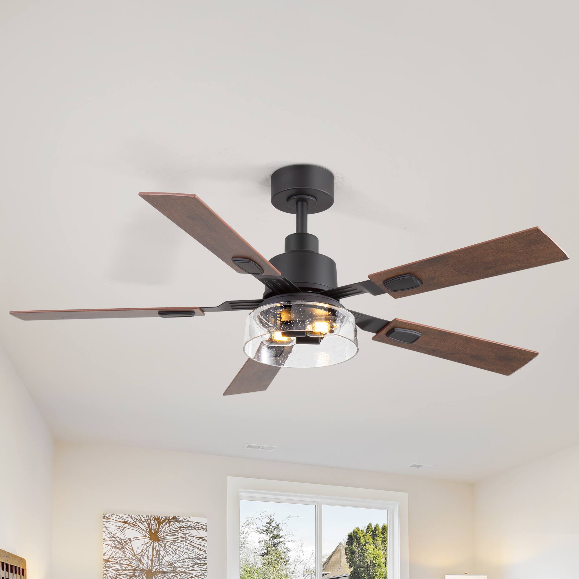 Back. Breezary - 52-Inch Ceiling Fan with 5 Plywood Dual Finish Blades,  6-Speed DC Motor, 6'' Downrod, Remote Control&Timer - Matte Black and Dark Wood Grain + Light Wood Grain.