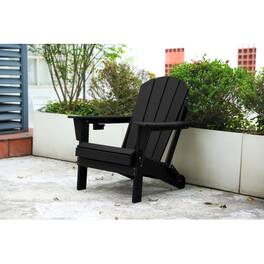 GOODSILO - HDPE Folding Adirondack Chair with Dual Cup Holder - Wood Texture - Black