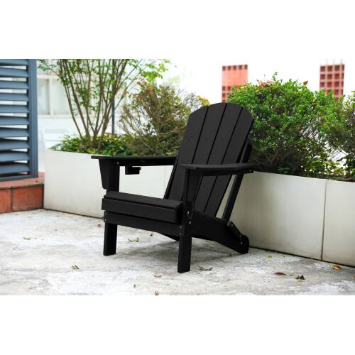 Front. GOODSILO - HDPE Folding Adirondack Chair with Dual Cup Holder - Wood Texture - Black.