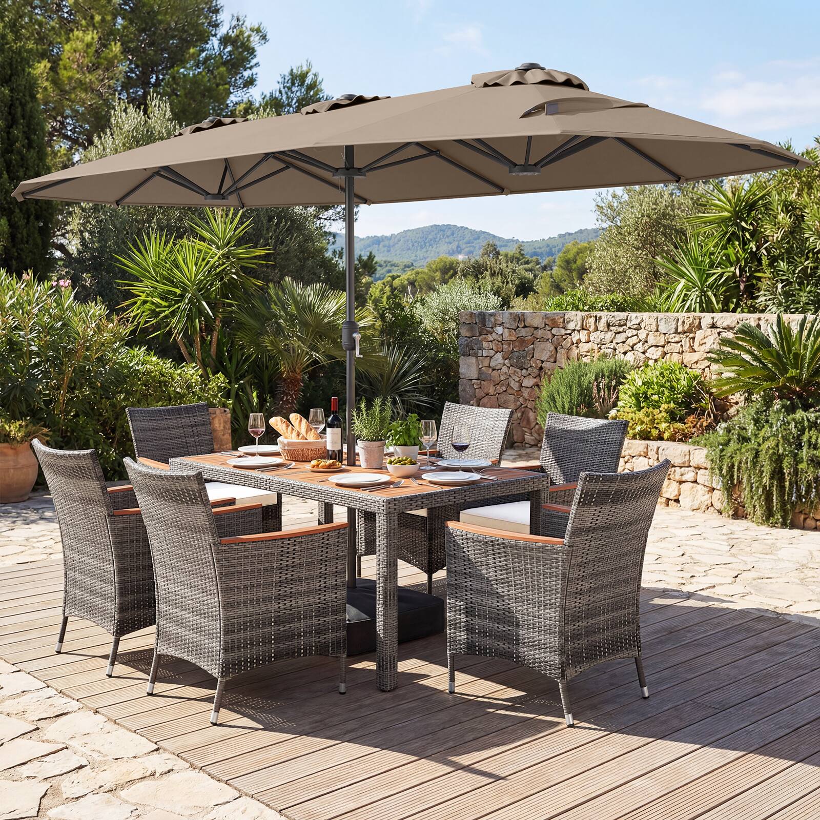 Alt View 3. Gymax - Gymax 8-Piece Patio Dining Set w/ Double-Sided Market Umbrella Acacia Wood Top Tan - Brown.