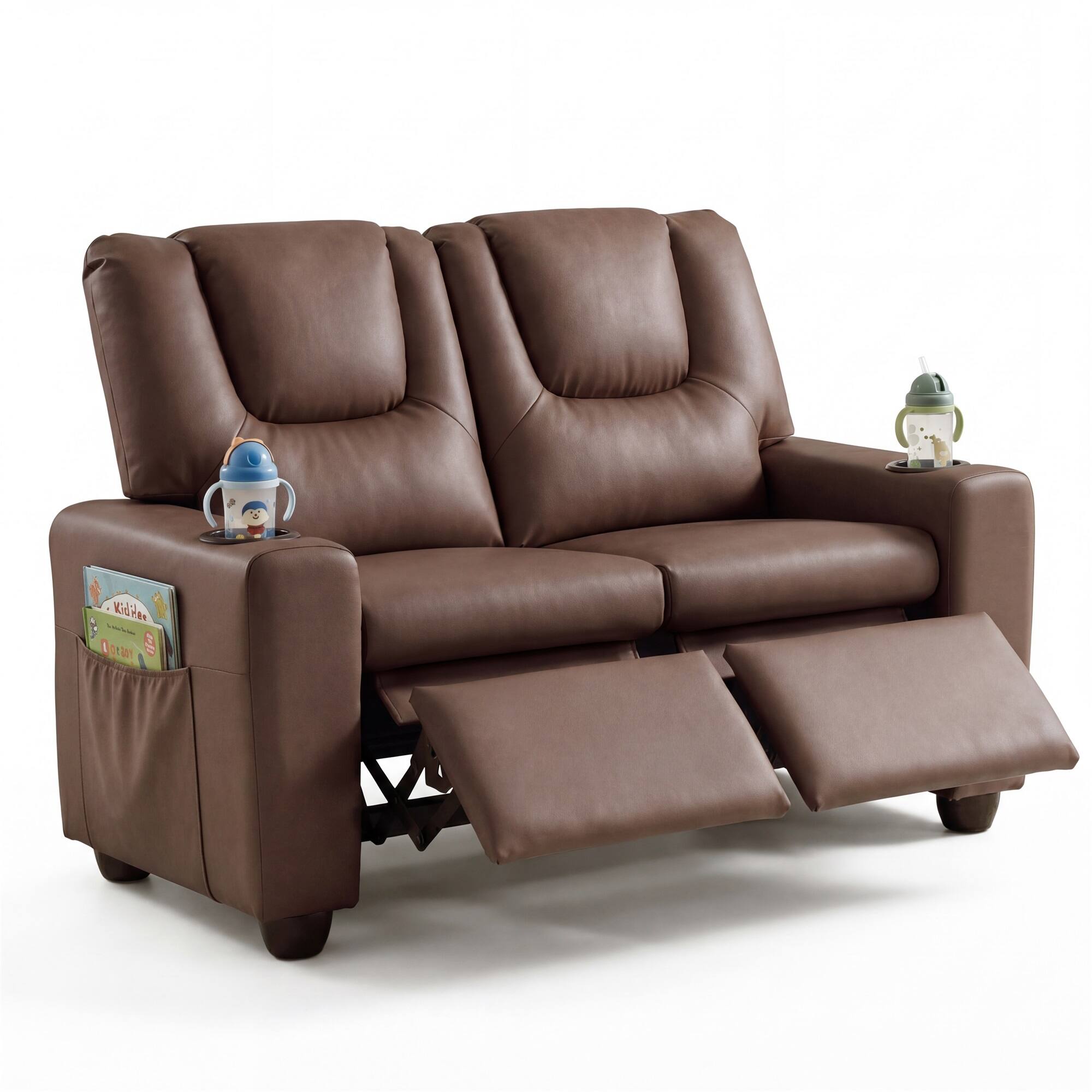 Alt View 7. Costway - Costway 2-Seater Kids Recliner with Cup Holders Side Storage Pockets Adjustable Backrest - Brown.