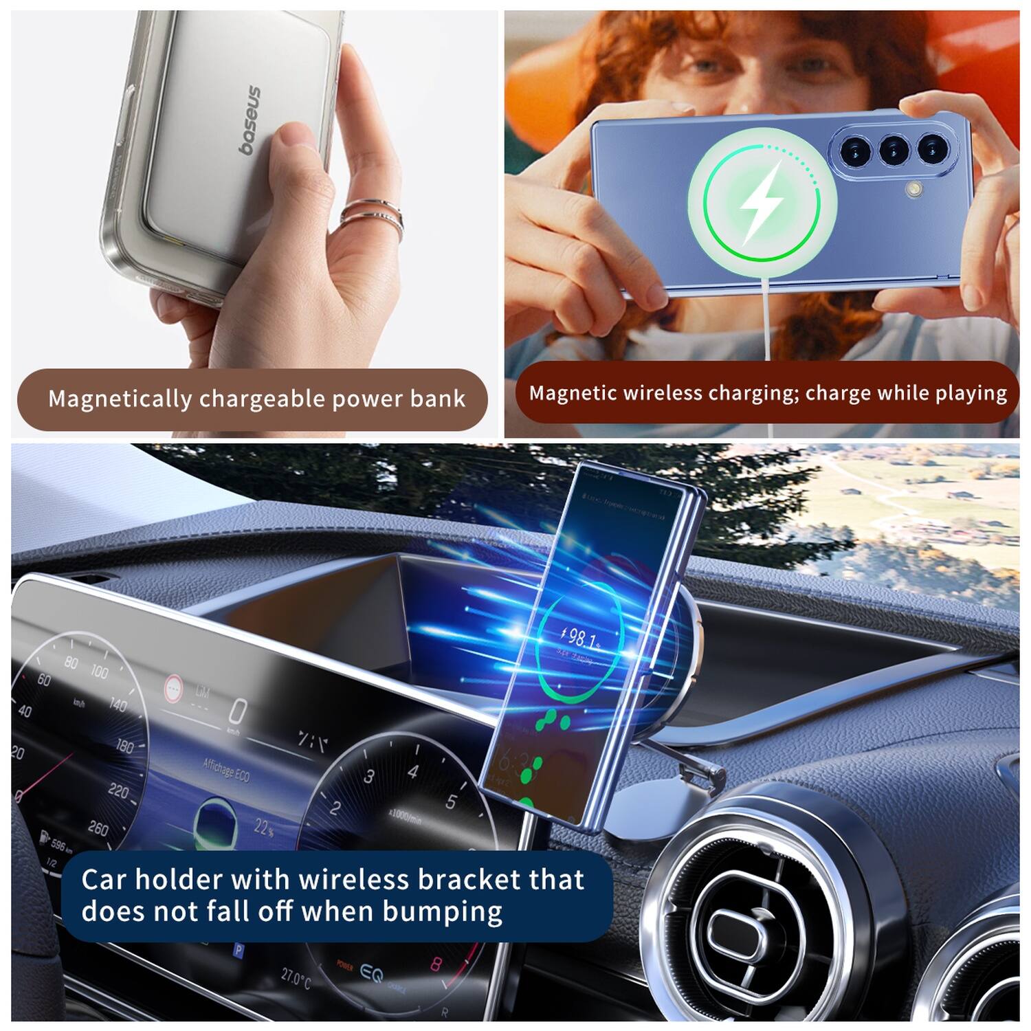 baseus

Magnetic wireless charging; charge while playing

Car holder with wireless bracket that does not fall off when bumping