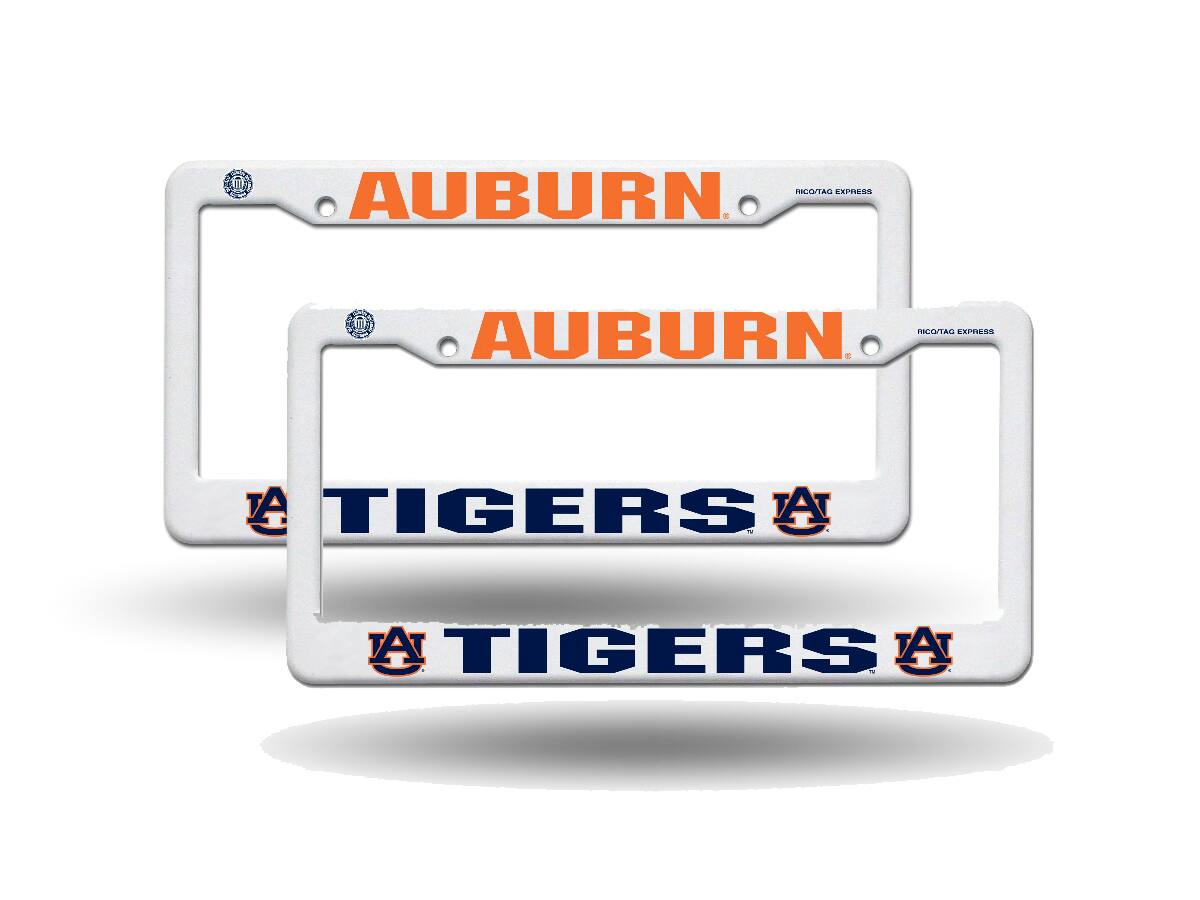 Auburn University Tigers Raised Letter White Plastic License Plate Frame Set